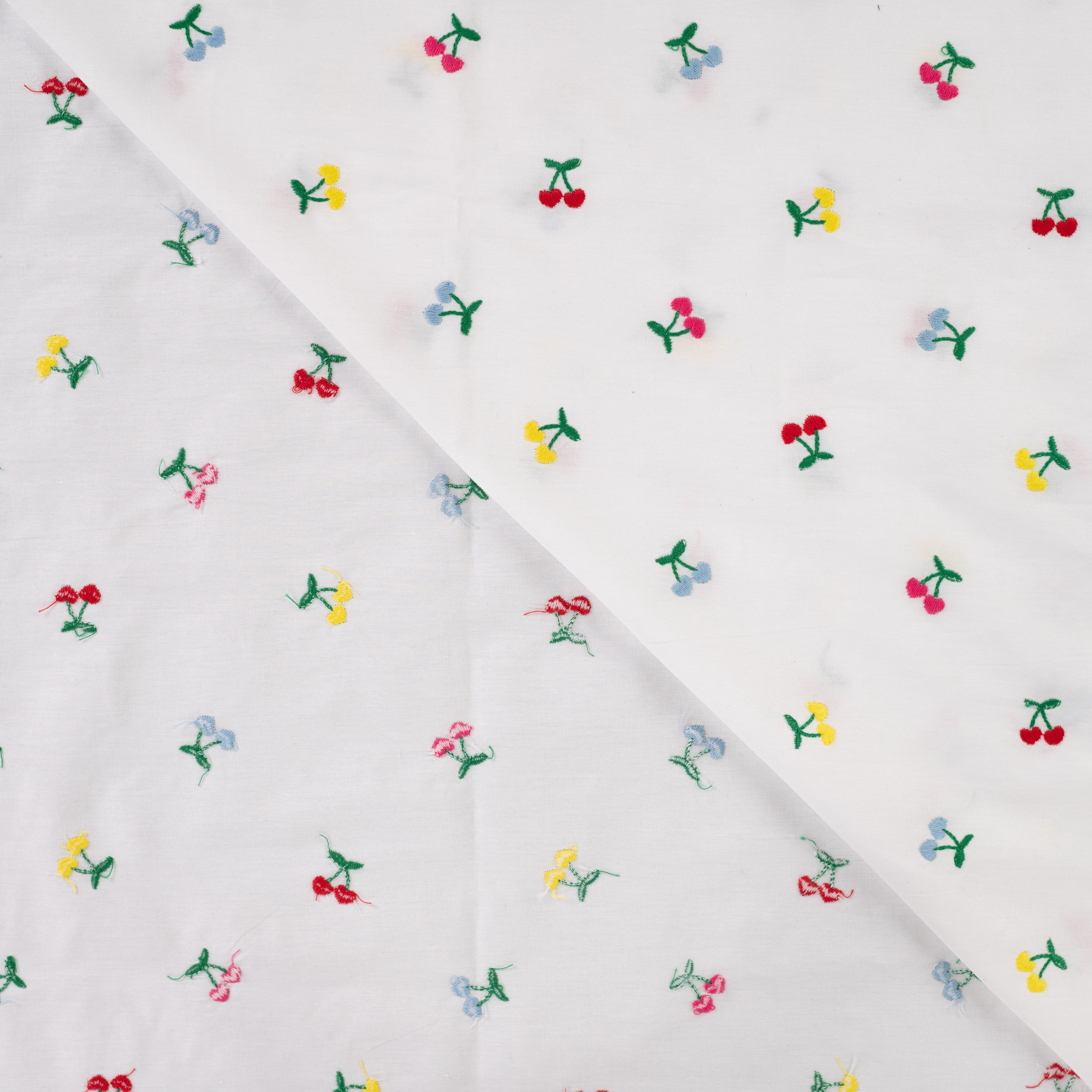 Embroidered Cherry Hearts on White Cotton Poplin