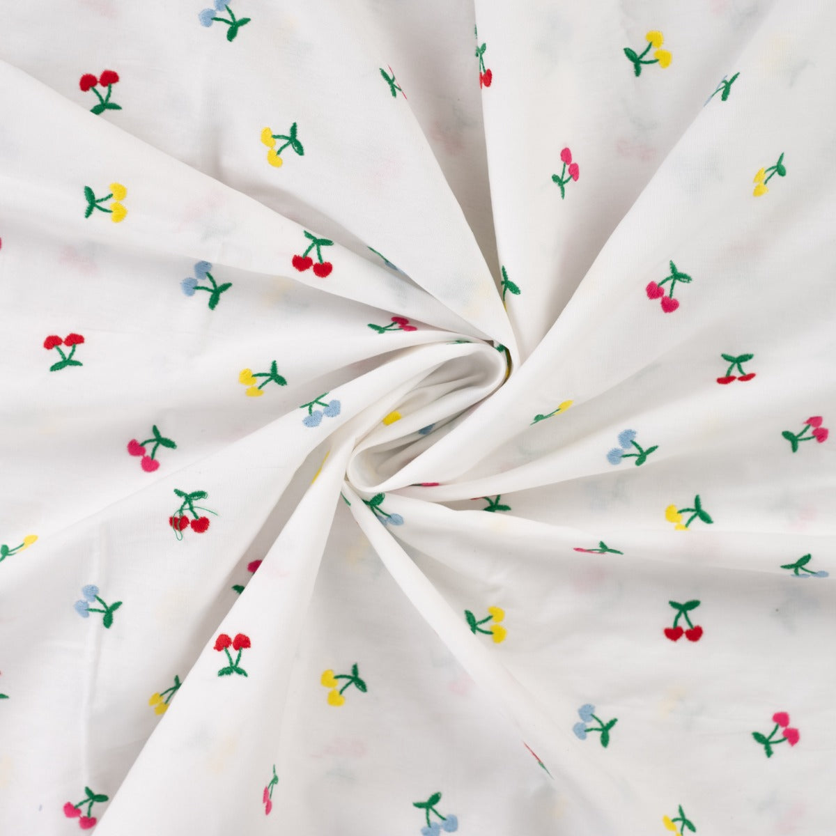 Embroidered Cherry Hearts on White Cotton Poplin