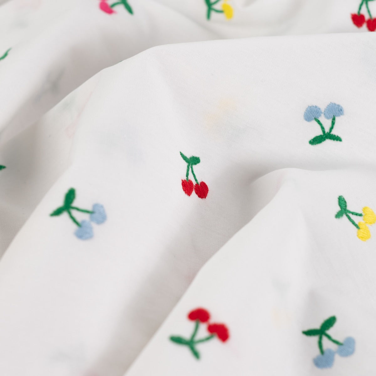 Embroidered Cherry Hearts on White Cotton Poplin
