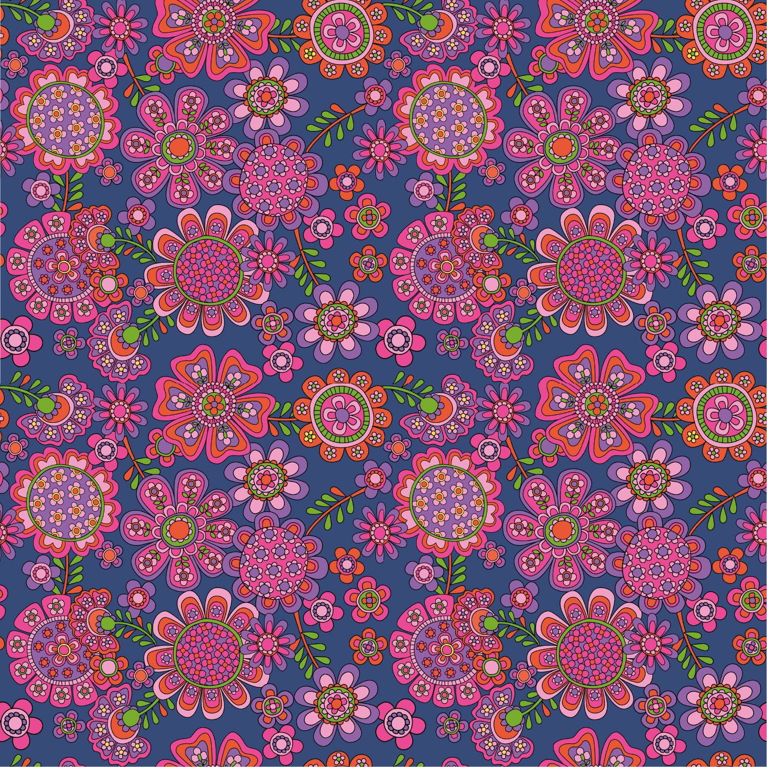 Retro Flowers Royal Blue Cotton Needlecord