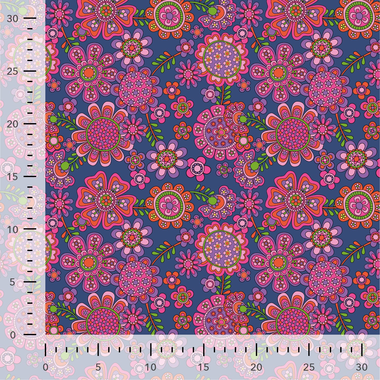 Retro Flowers Royal Blue Cotton Needlecord