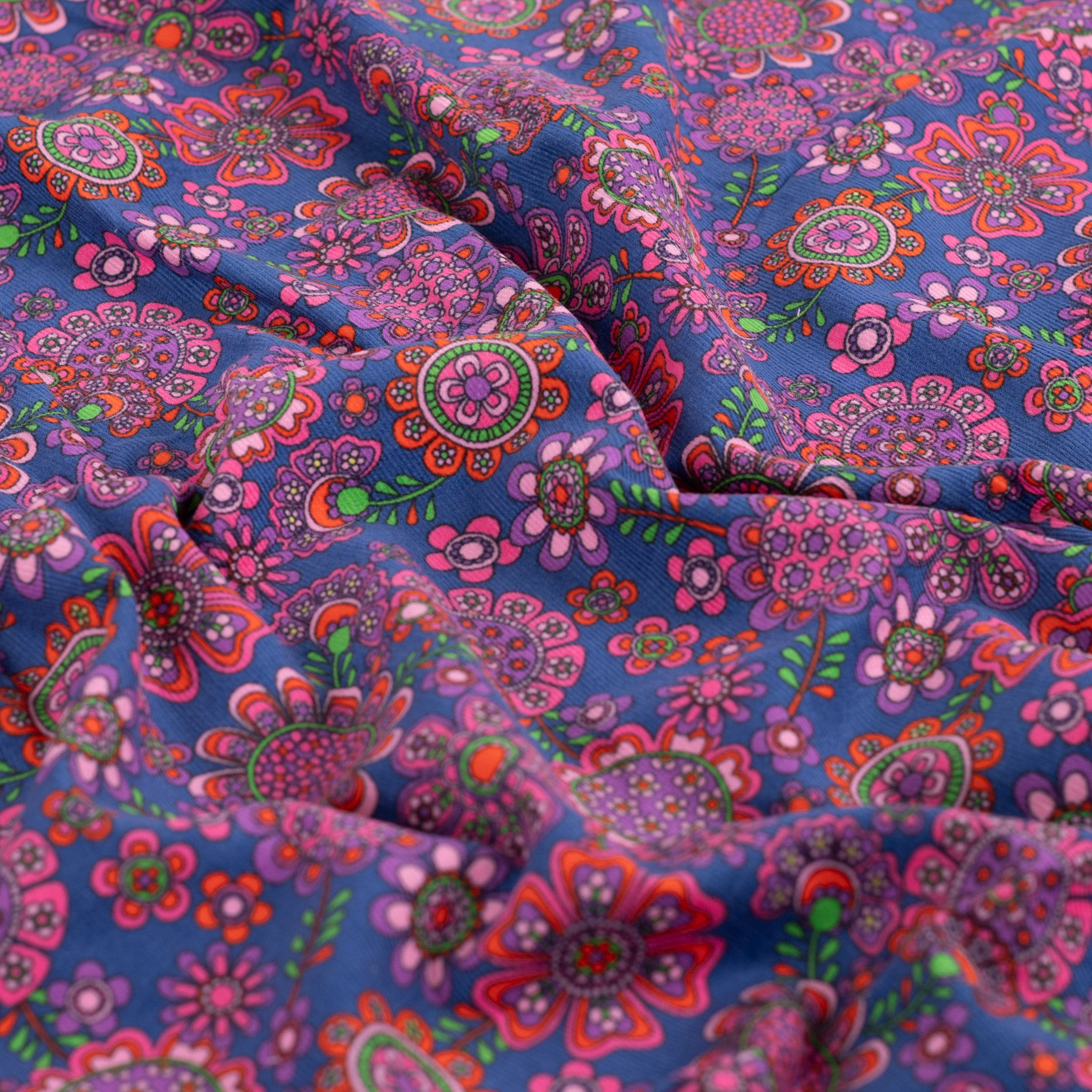 Retro Flowers Royal Blue Cotton Needlecord