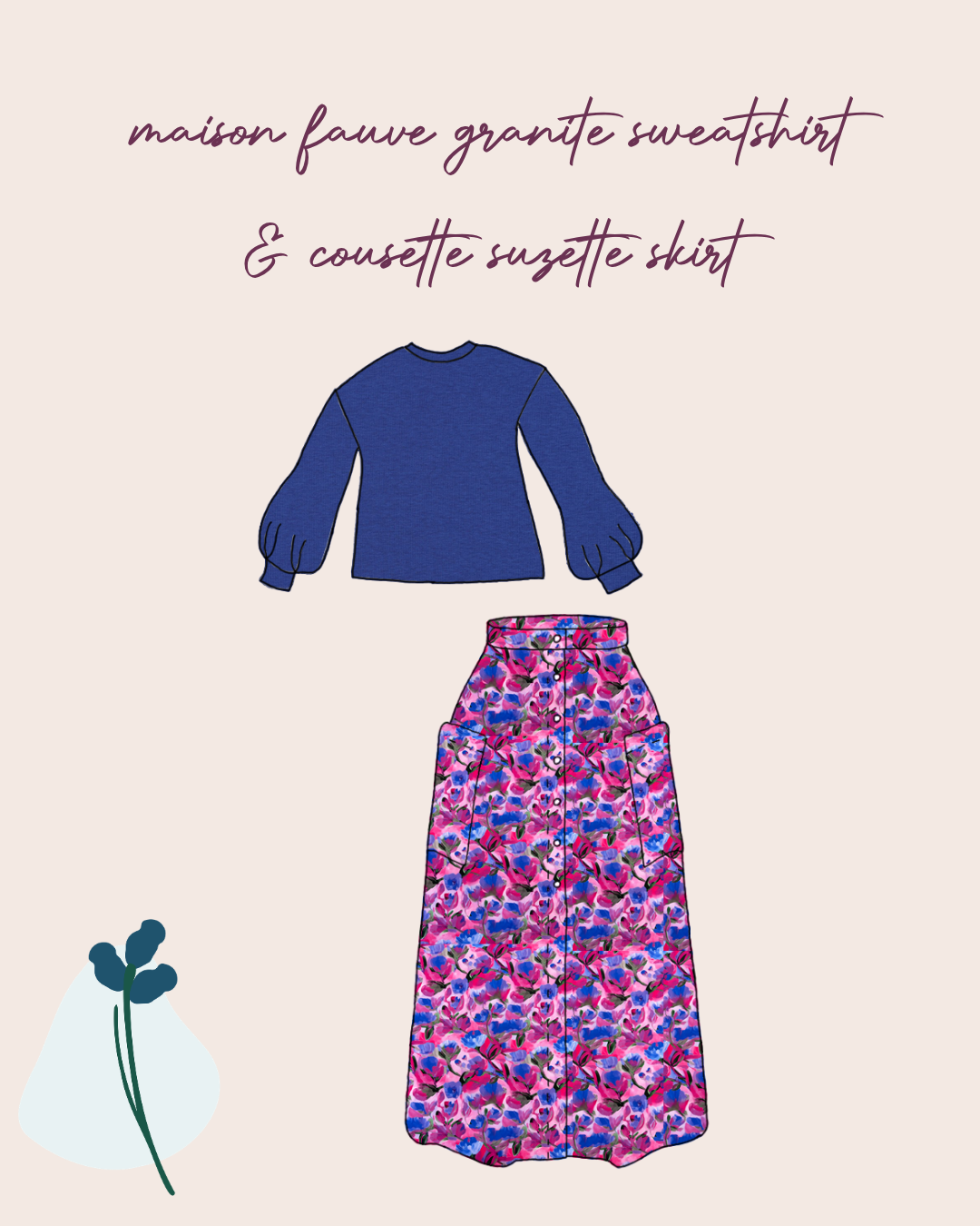 Make an Outfit Colour Bundle - Painted Buds Viscose & Fleecy Sweat-shirting in Cobalt with Ribbing