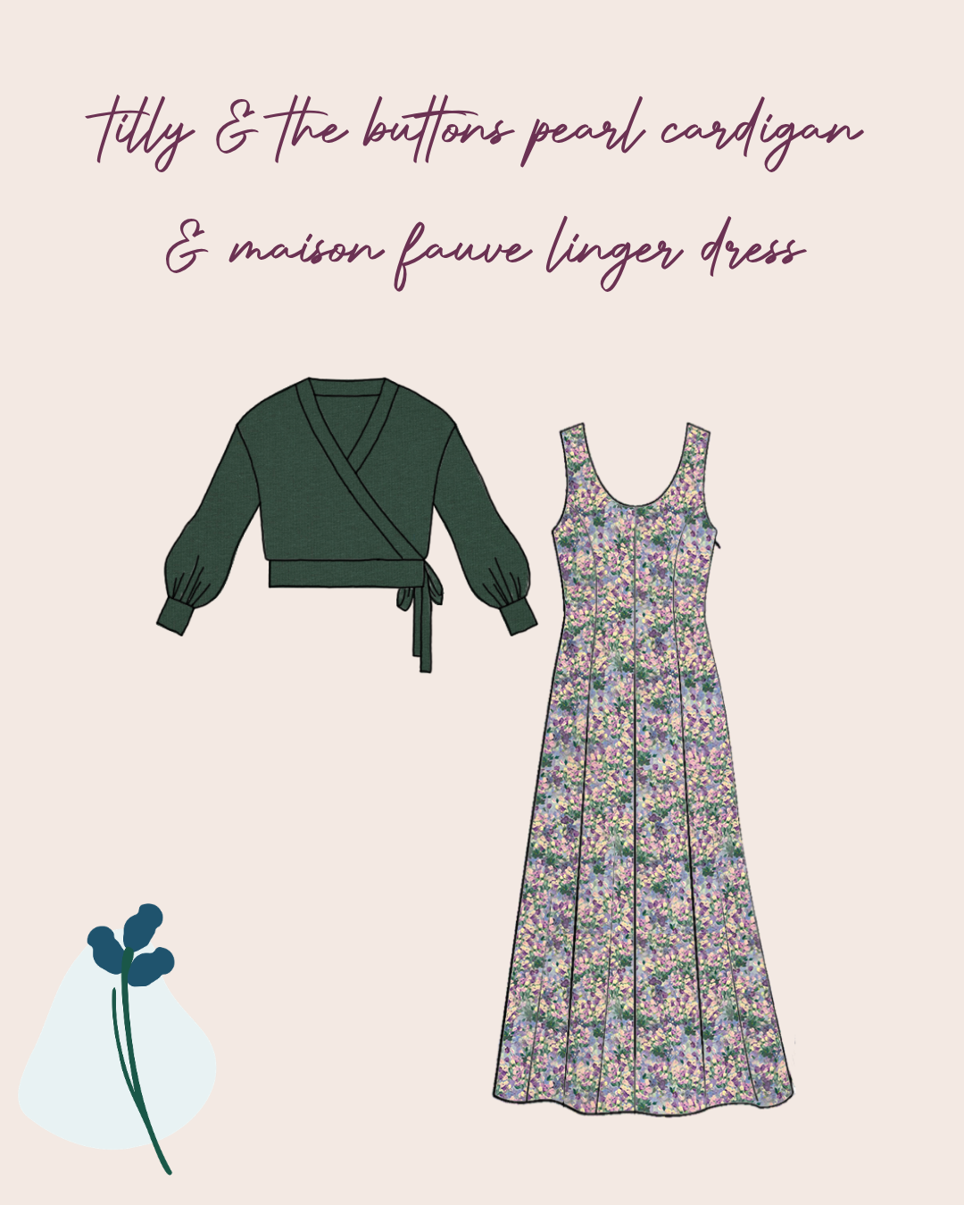 Make an Outfit Colour Bundle - Lilac Tulips Viscose Sateen & Fleecy Sweat-shirting in Dark Green with Ribbing