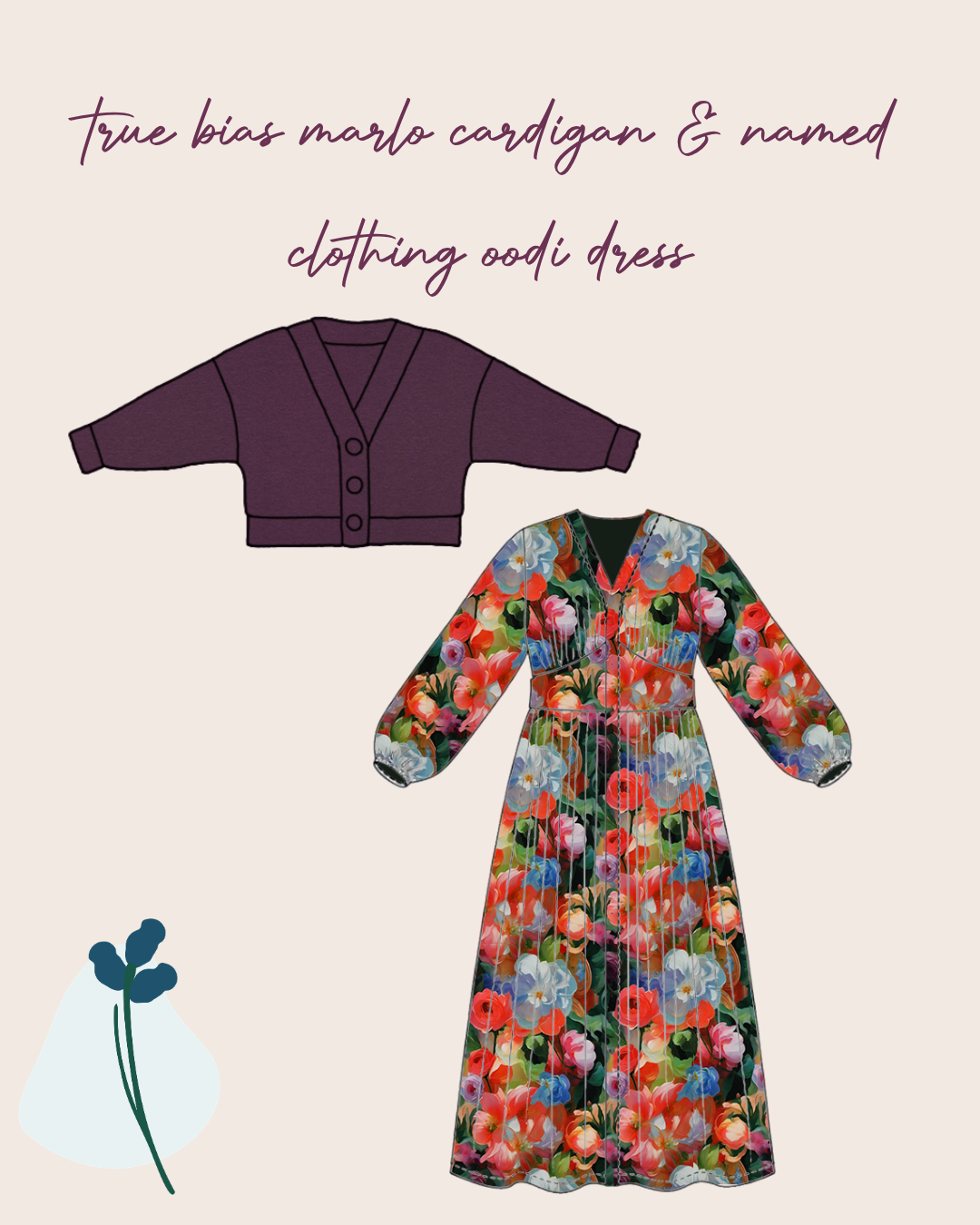 Make an Outfit Colour Bundle - Painted Rose Garden Viscose & Fleecy Sweat-shirting in Purple with Ribbing