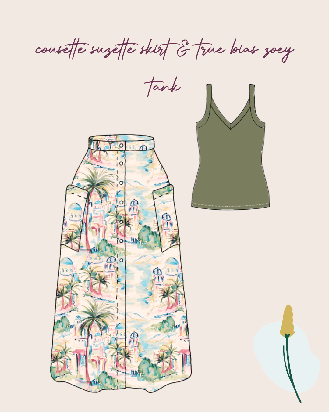 Make An Outfit Colour Bundle and Sewing Kit - Zoey Tank and Suzette Skirt in Riviera Landscape Summer & Khaki Cotton Jersey