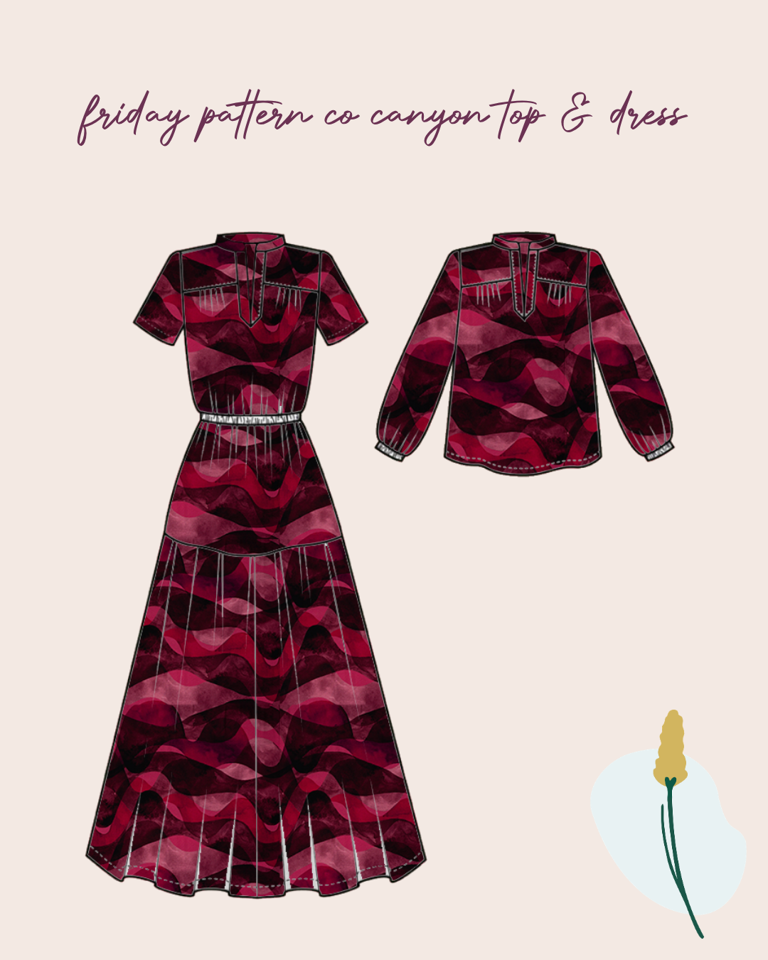 Sewing Kit - The CANYON Dress & Top in Waves Bordeaux Viscose Twill Fabric