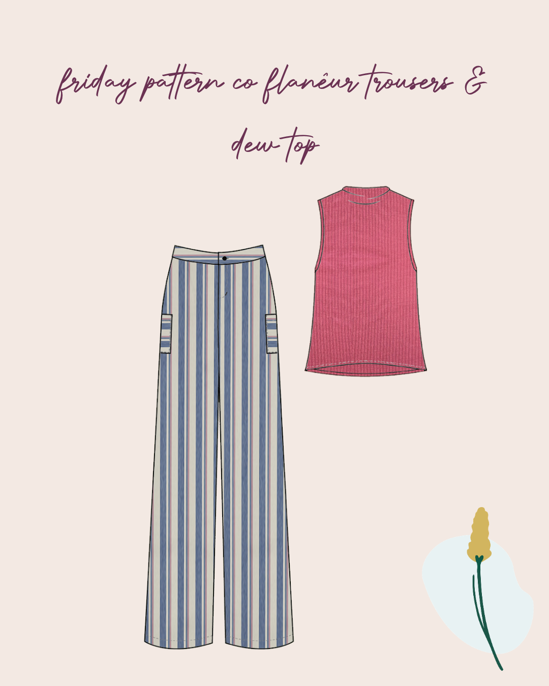Making An Outfit Colour Bundle and Sewing Kit - Flanêur Trousers in Striped Denim and Dew Top in Derby Punch Ribbed Jersey