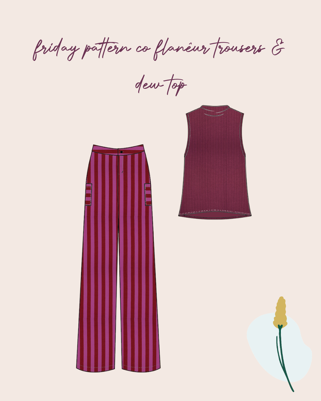 Making An Outfit Colour Bundle and Sewing Kit - Flanêur Trousers in Fuchsia Stripes and Dew Top in Derby Cherry Ribbed Jersey