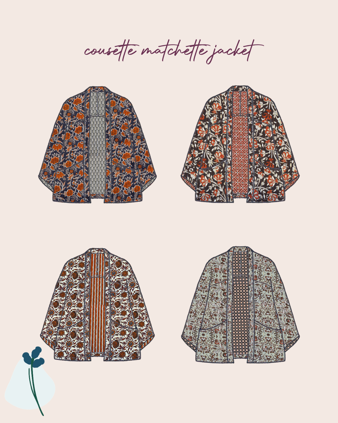 Sewing Kit - Cousette Matchette Cardigan in Ornamental Flower Quilted Cotton (multiple colours)