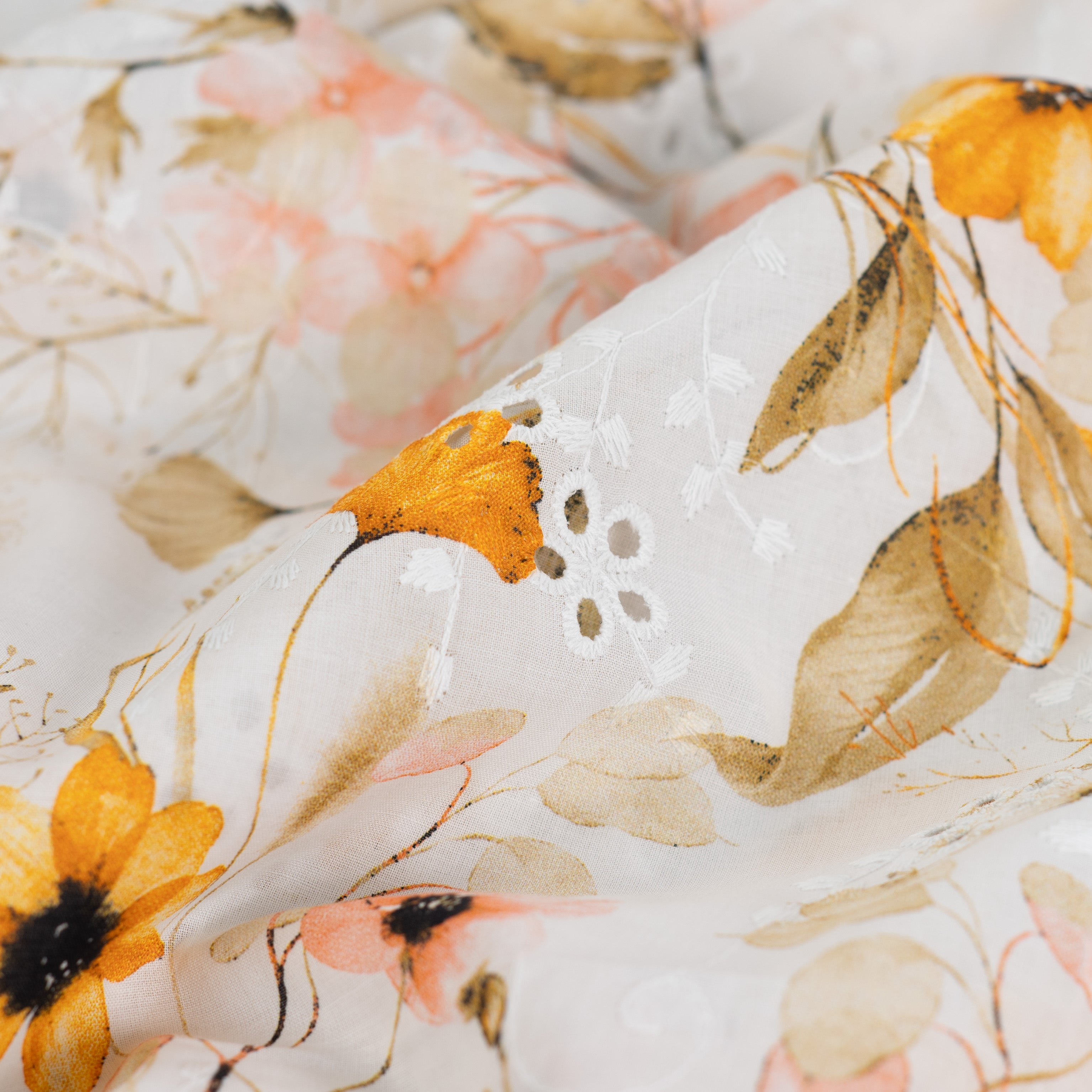 Coral & Gold Flowers on Embroidered White Cotton Voile Fabric