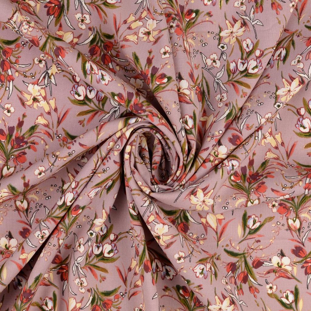 Floral Bouquet Mauve Stretch Viscose Poplin Fabric