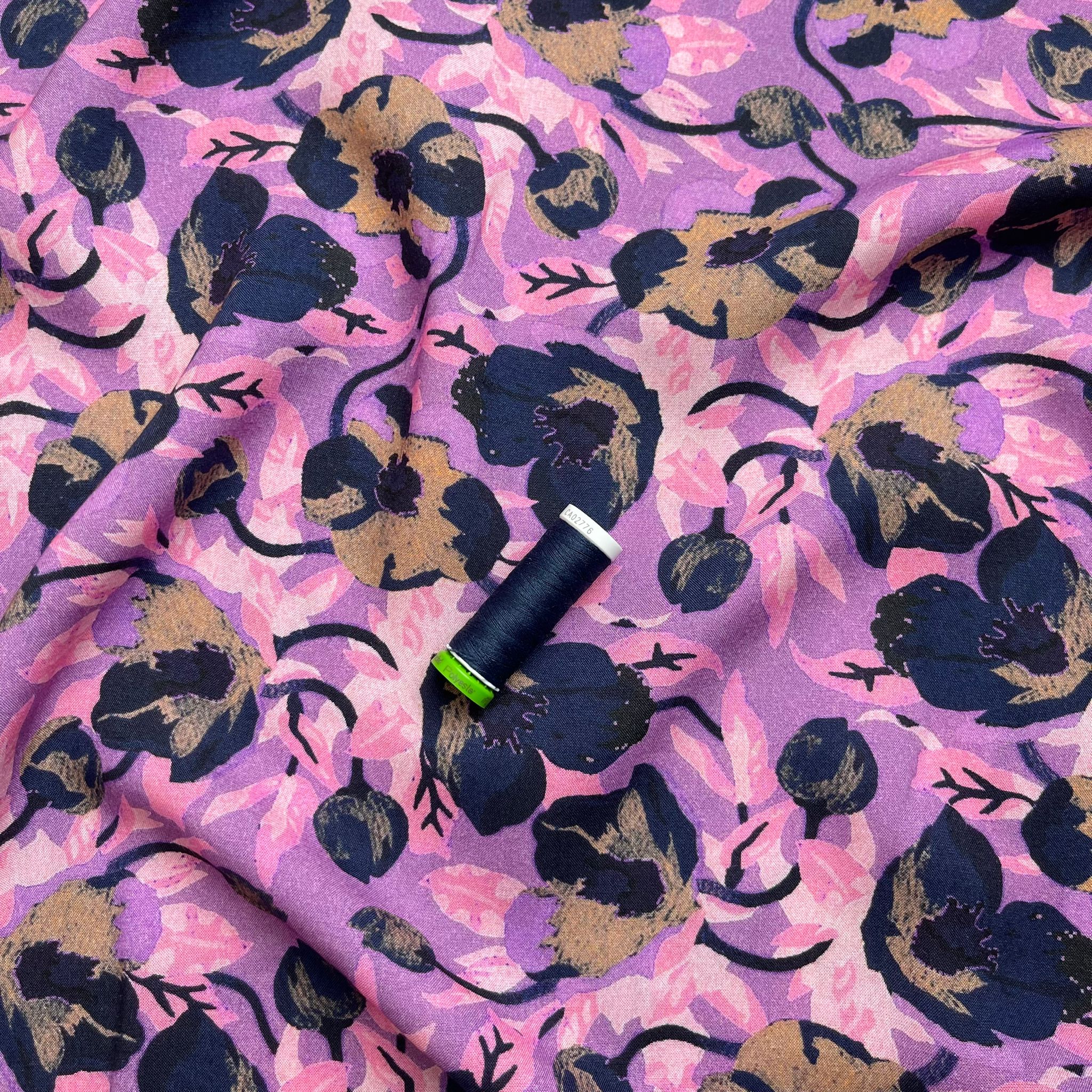 Navy Poppy on Lilac Viscose Fabric