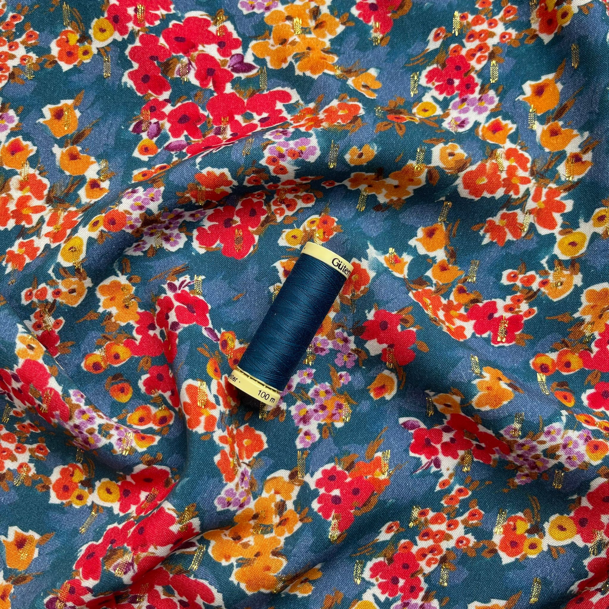 Blossoms on Blue with Lurex Viscose Fabric