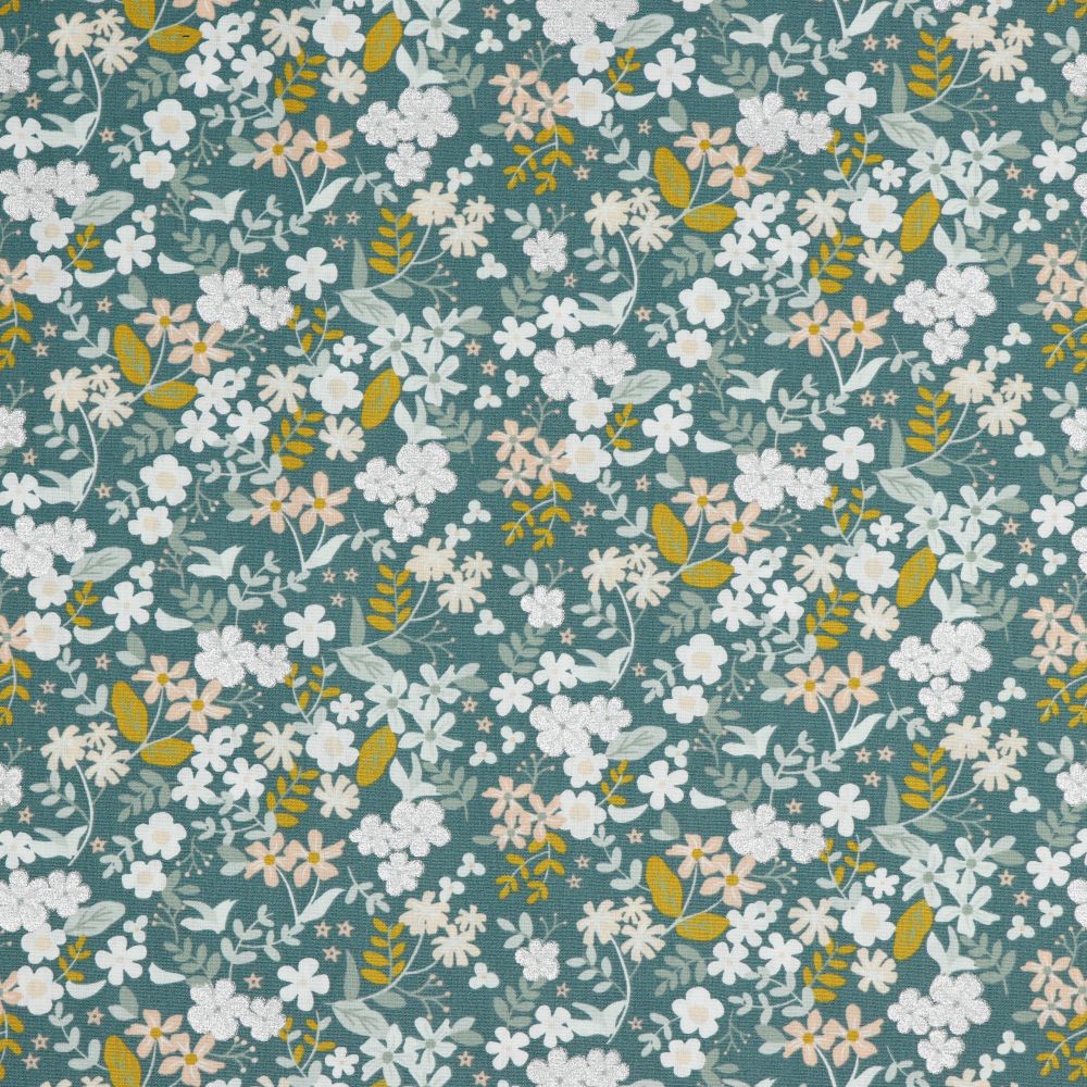 Glitter Flowers Sage Green Cotton Poplin Fabric