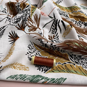 REMNANT 0.7 Metre - Artists Foliage on White Linen Viscose Blend Fabric