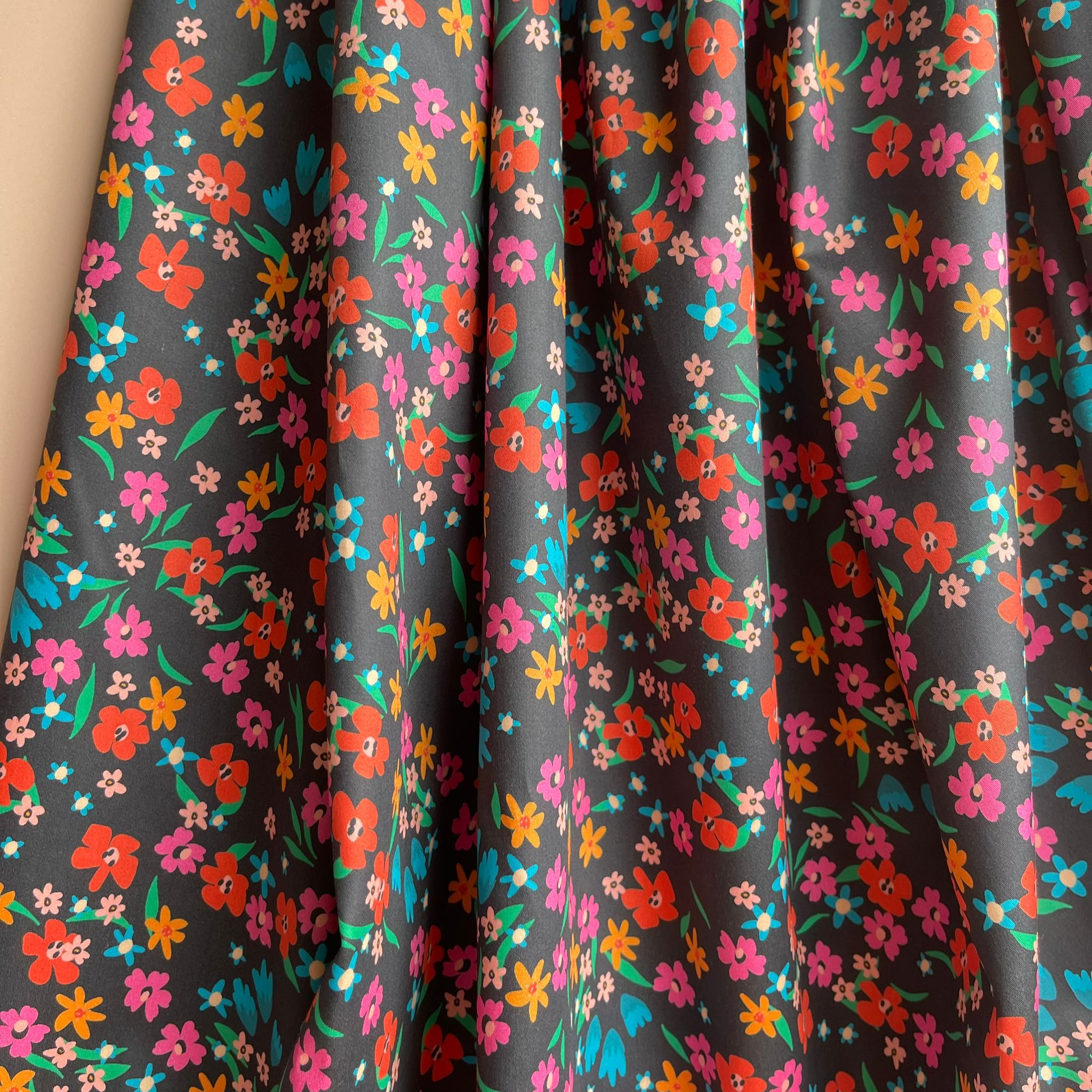 Ditsy Flowers on Black Cotton Sateen Fabric
