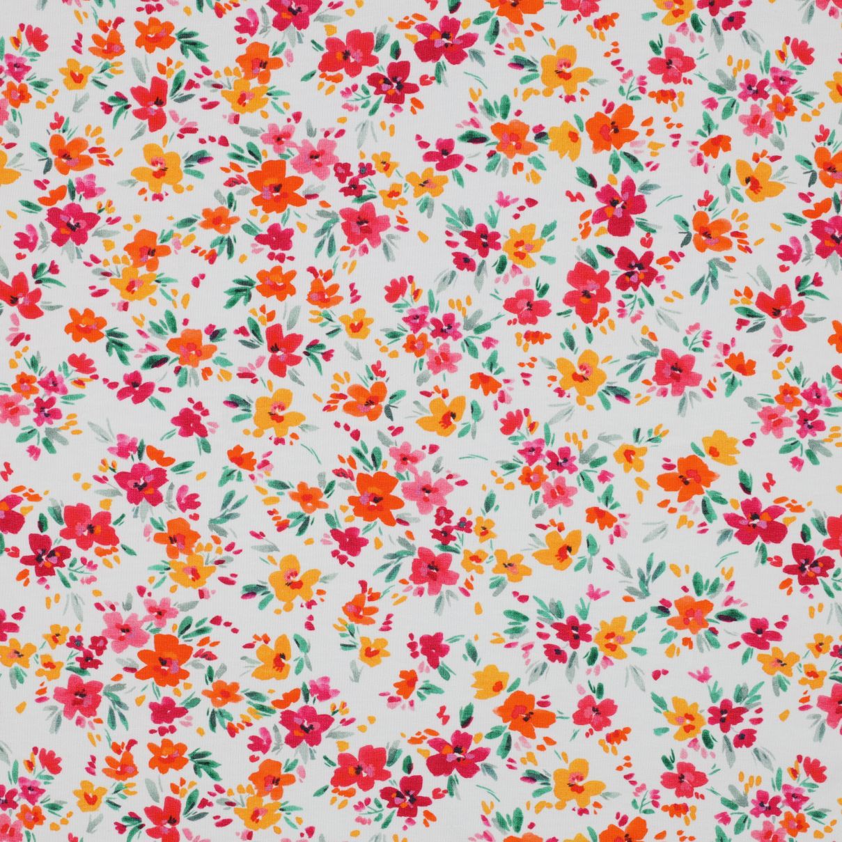 Watercolour Wildflowers on White Cotton Jersey Fabric