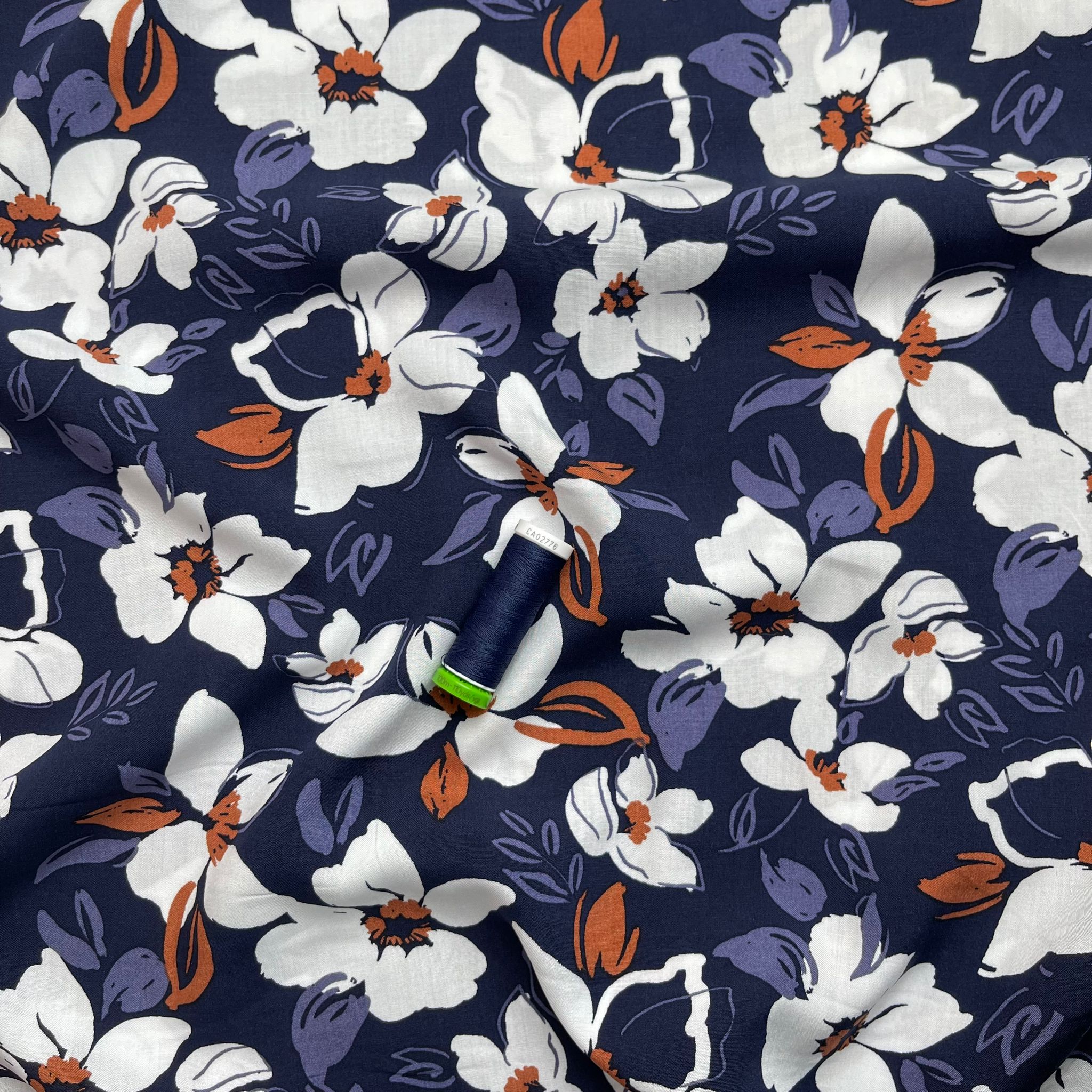 REMNANT 1.75 Metres - White Flowers on Navy Viscose Fabric