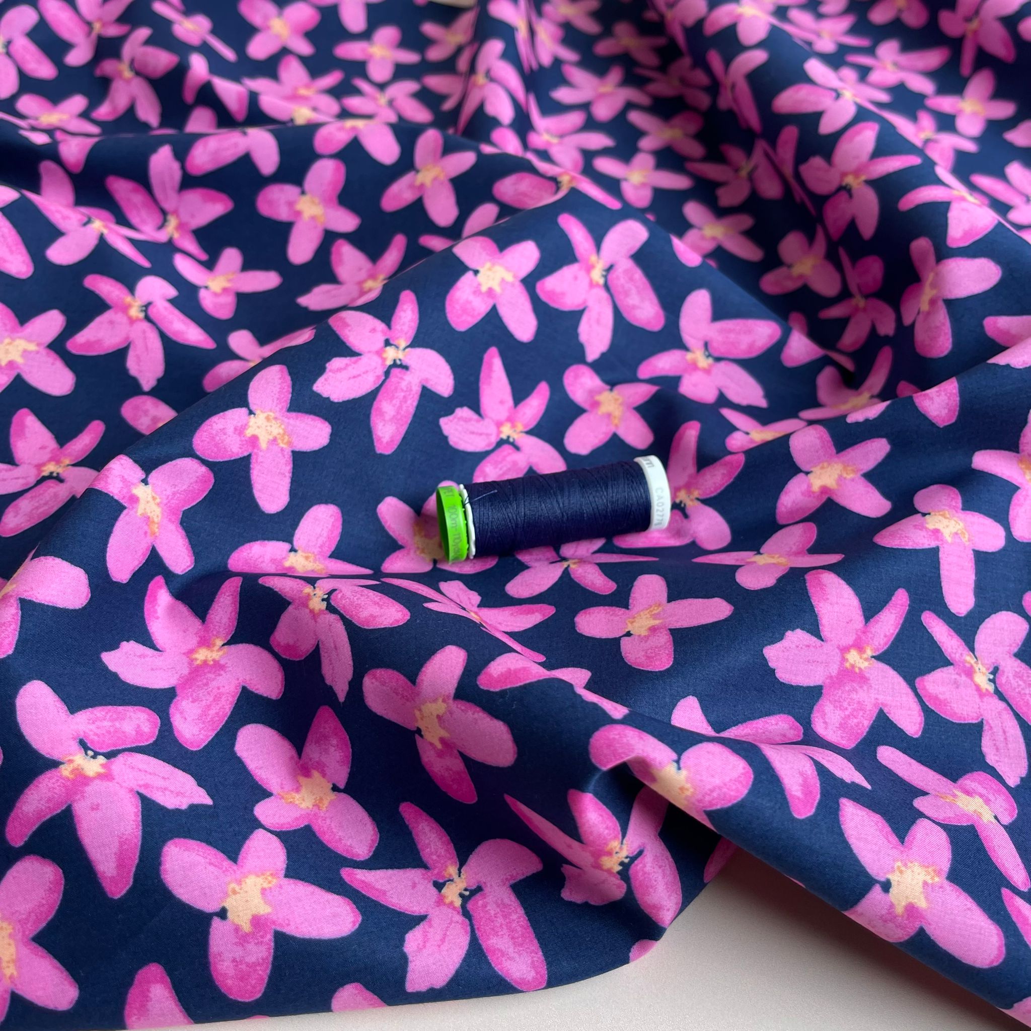 Painted Pink Flowers on Navy Cotton Lawn Fabric