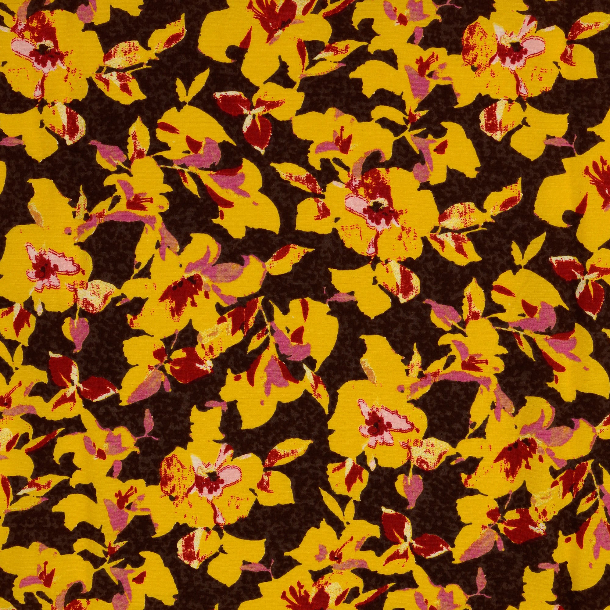 Floral Scene Yellow Viscose Poplin Fabric
