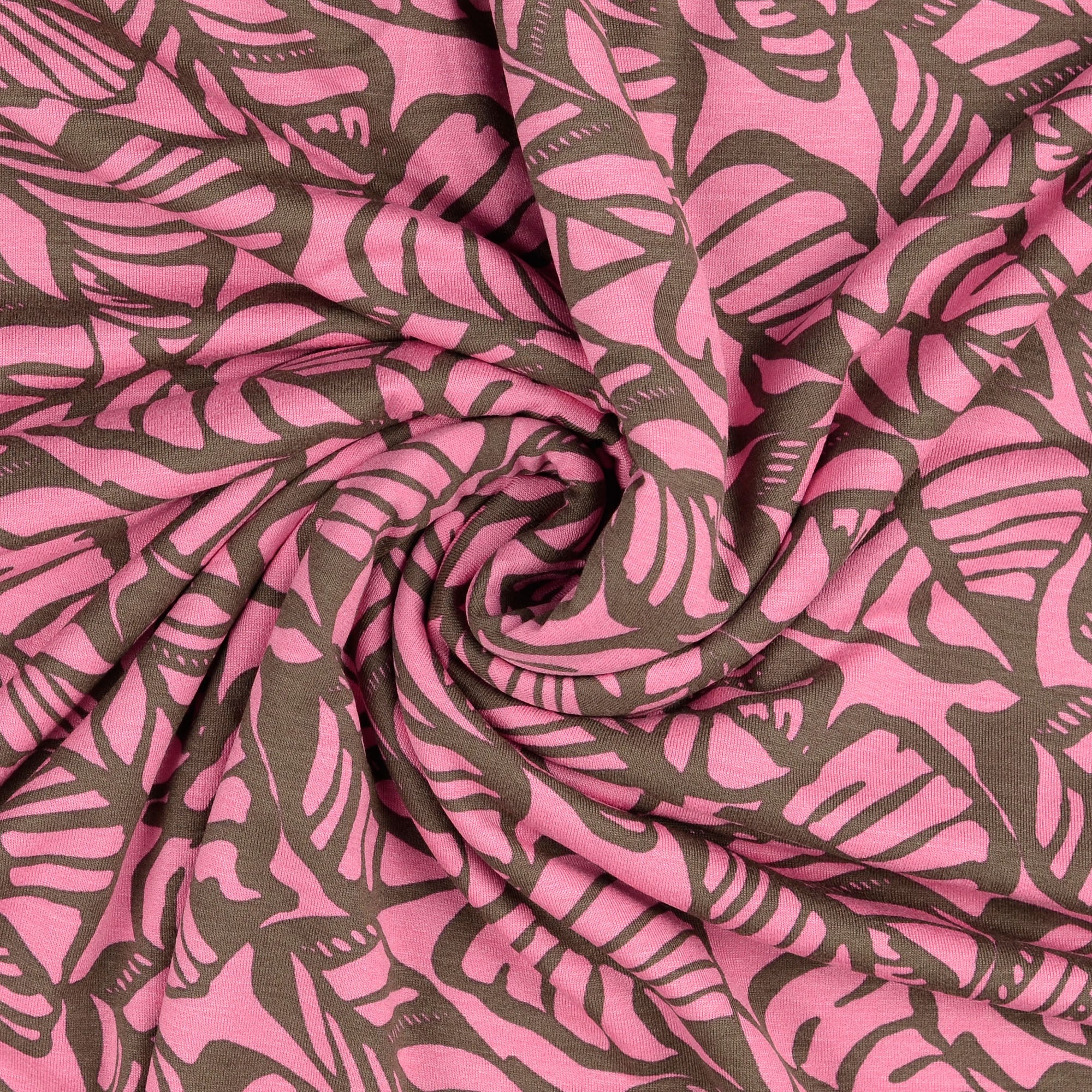 REMNANT 2.73 Metres - Graphic Leaves Pink Viscose Jersey Fabric