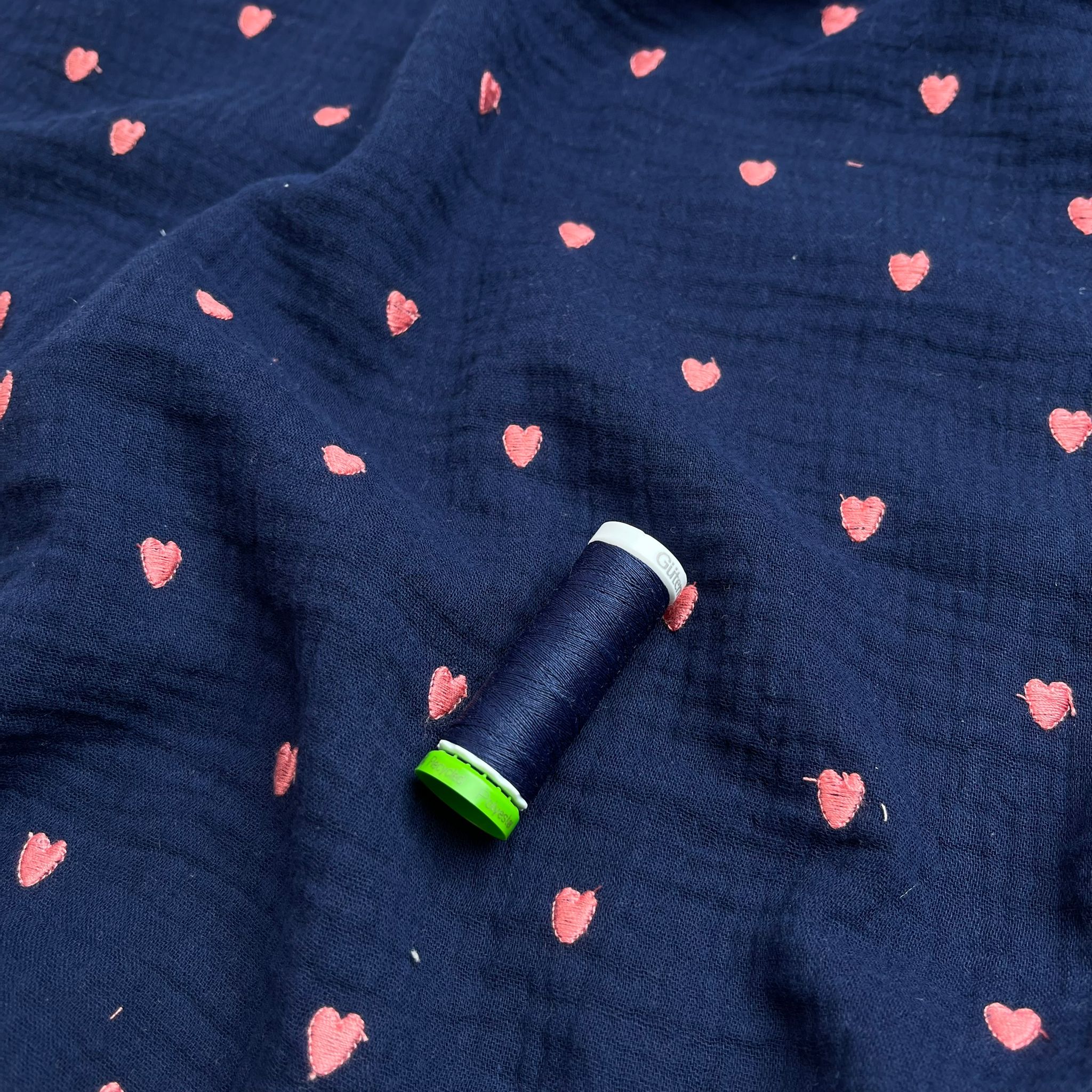 Embroidered Hearts on Navy Cotton Double Gauze