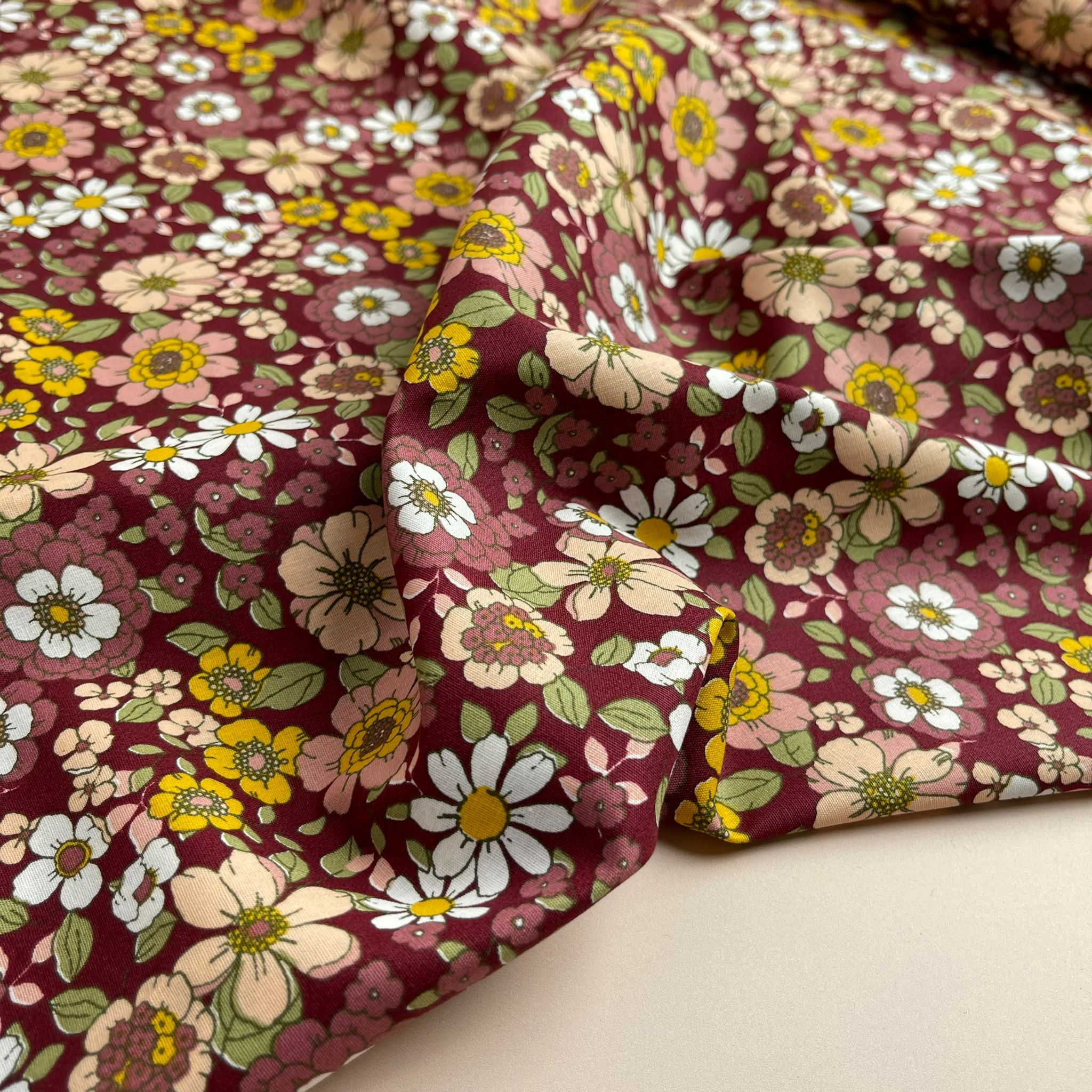 Blooms on Burgundy Cotton Poplin Fabric