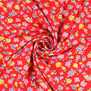 REMNANT 2.55 Metres - Cottage Flowers Red Viscose Poplin Fabric