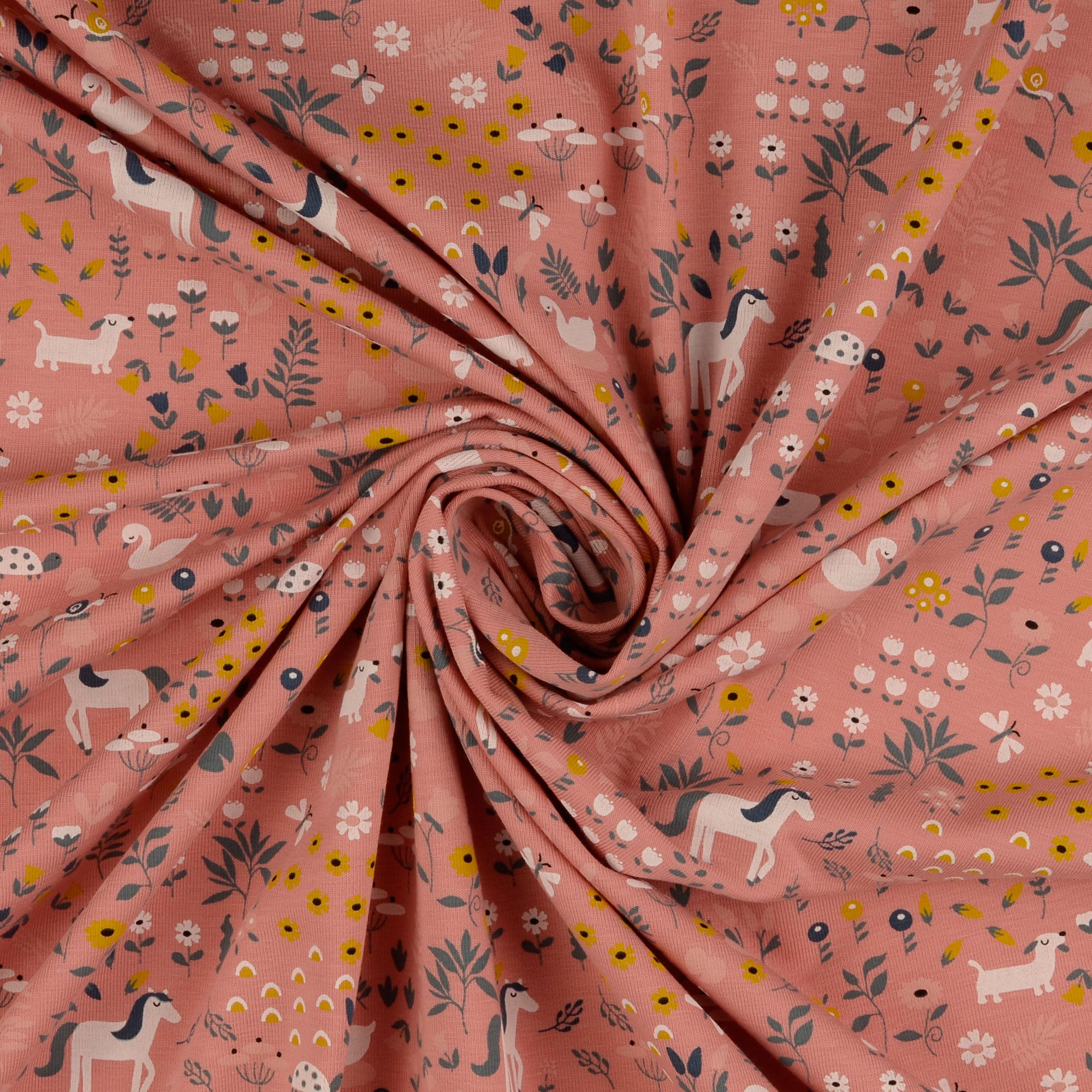 REMNANT 2.7 Metres - Animals Pink Organic Cotton Jersey Fabric