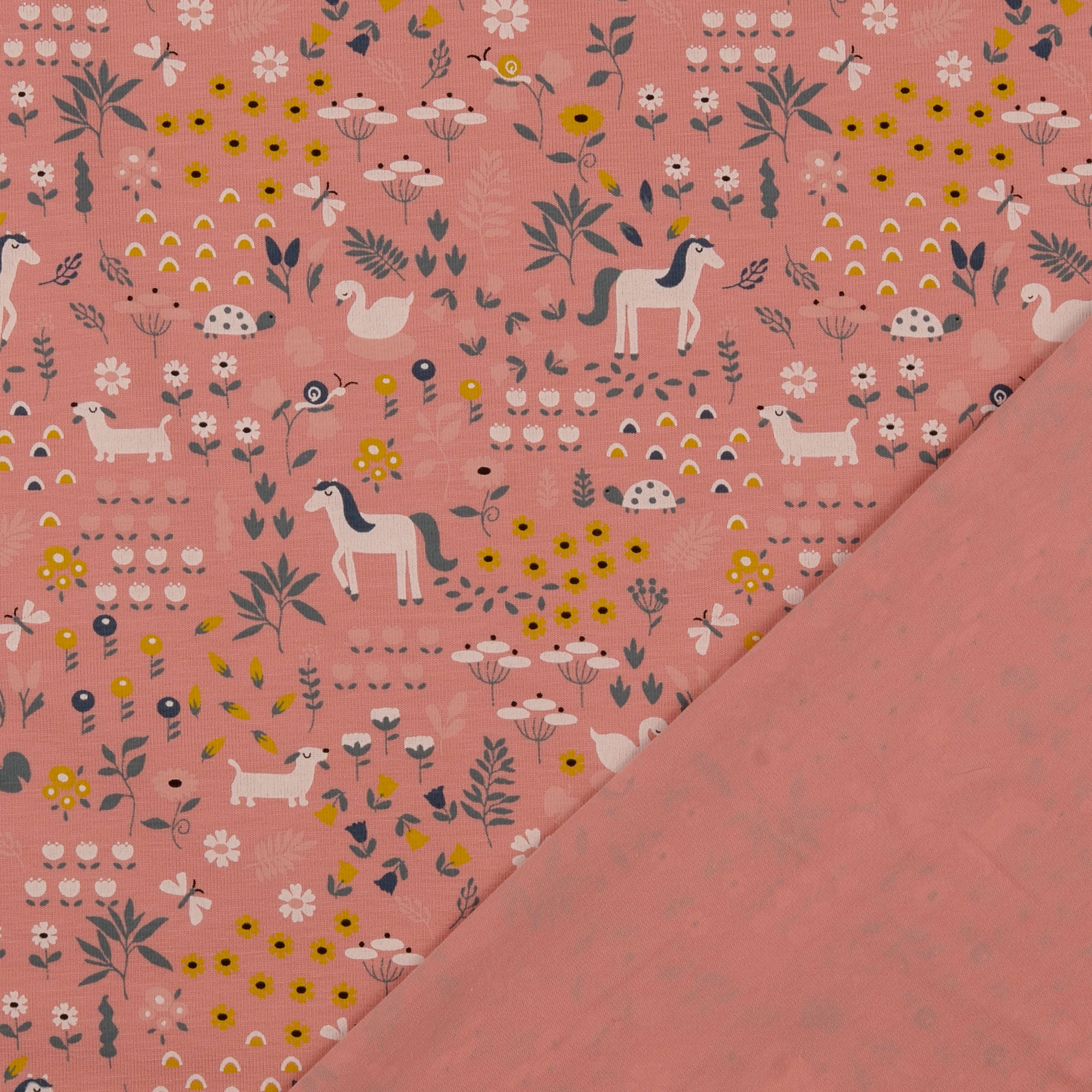 REMNANT 2.7 Metres - Animals Pink Organic Cotton Jersey Fabric