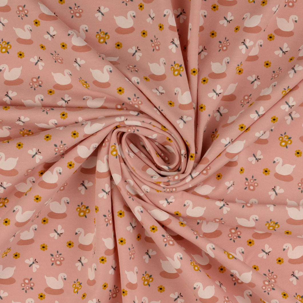 Swans Pink Organic Cotton Jersey Fabric