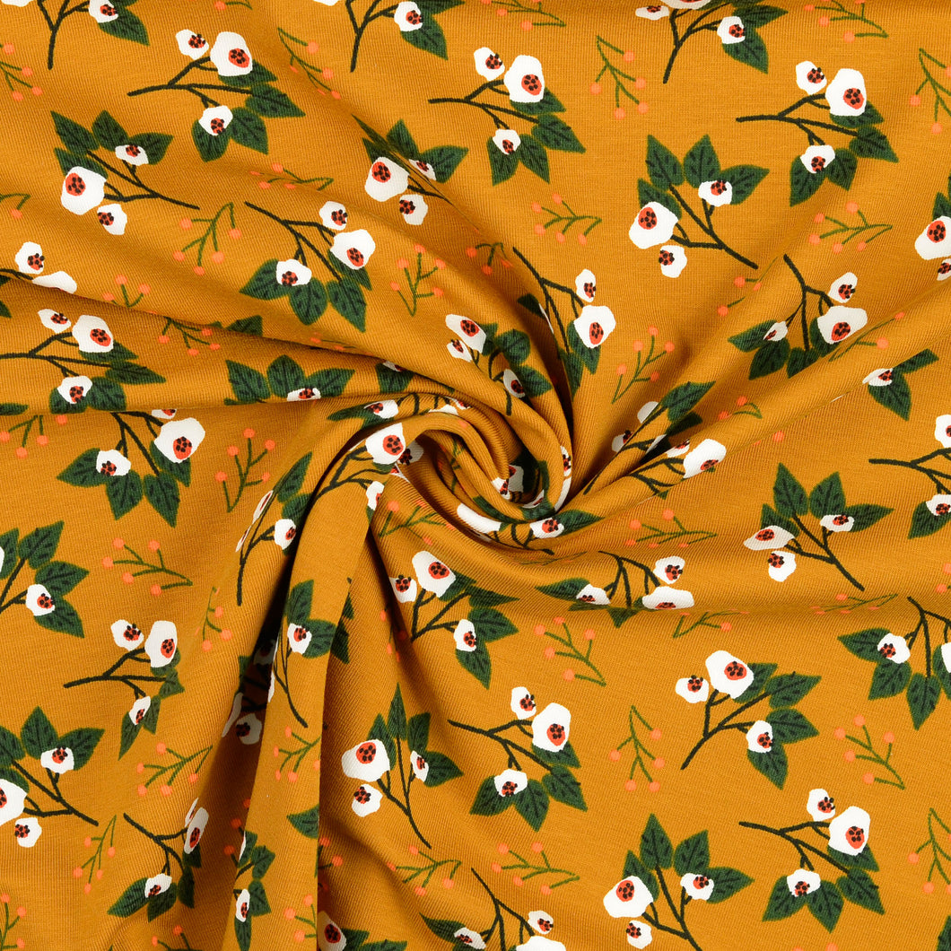 Twigs Mustard Cotton Jersey Fabric