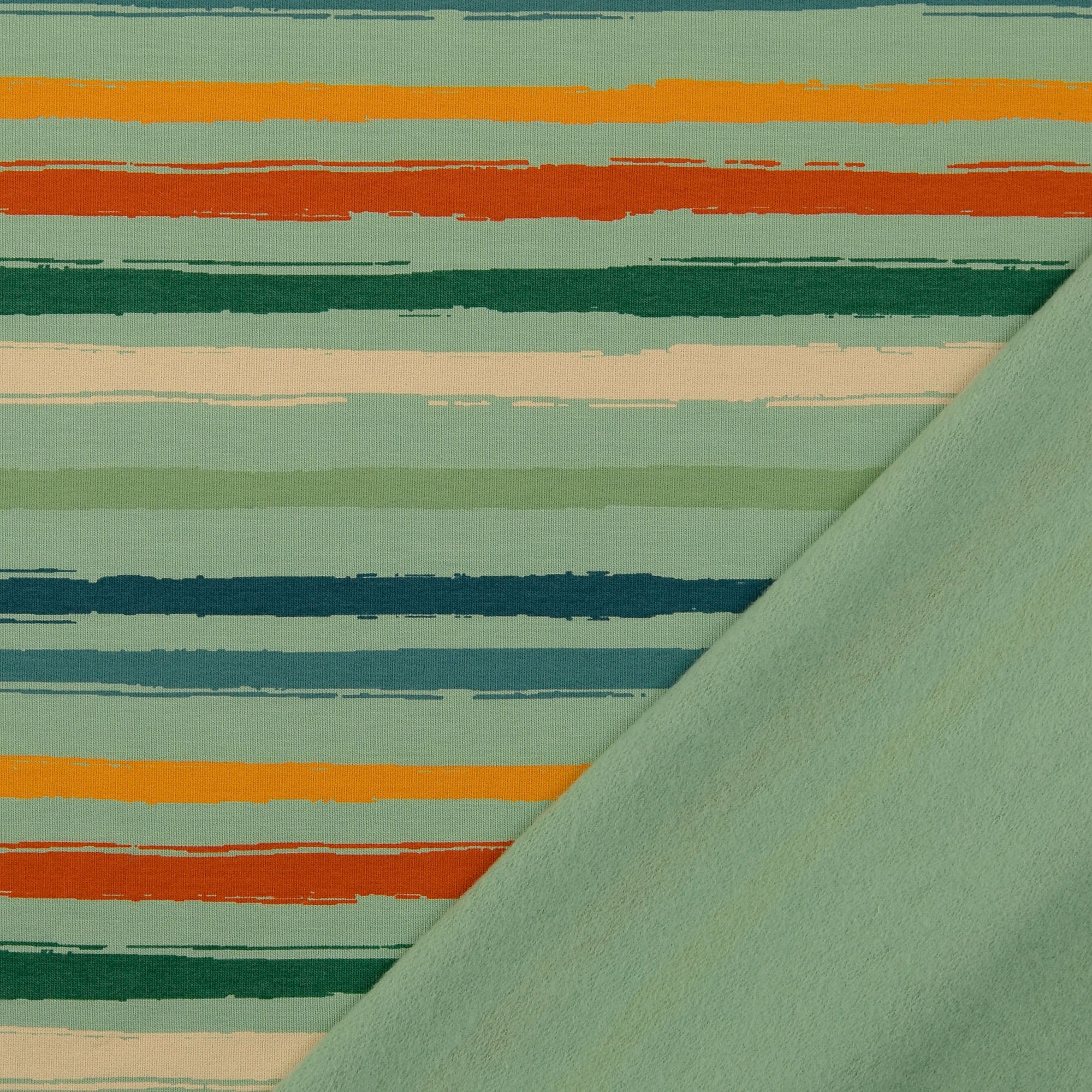 Painted Stripes Green Fleecy Cotton Sweat-Shirting Fabric