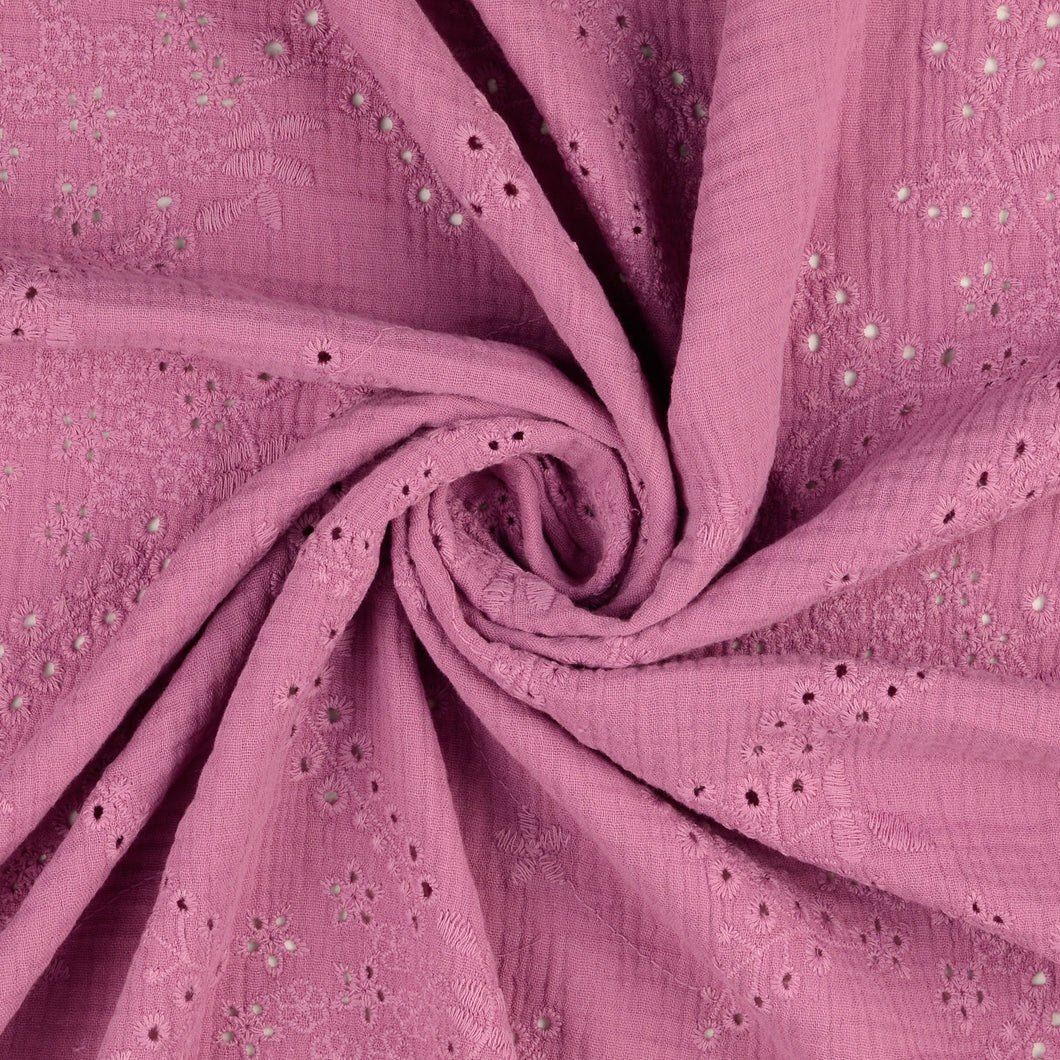 Embroidered Pink Cotton Double Gauze