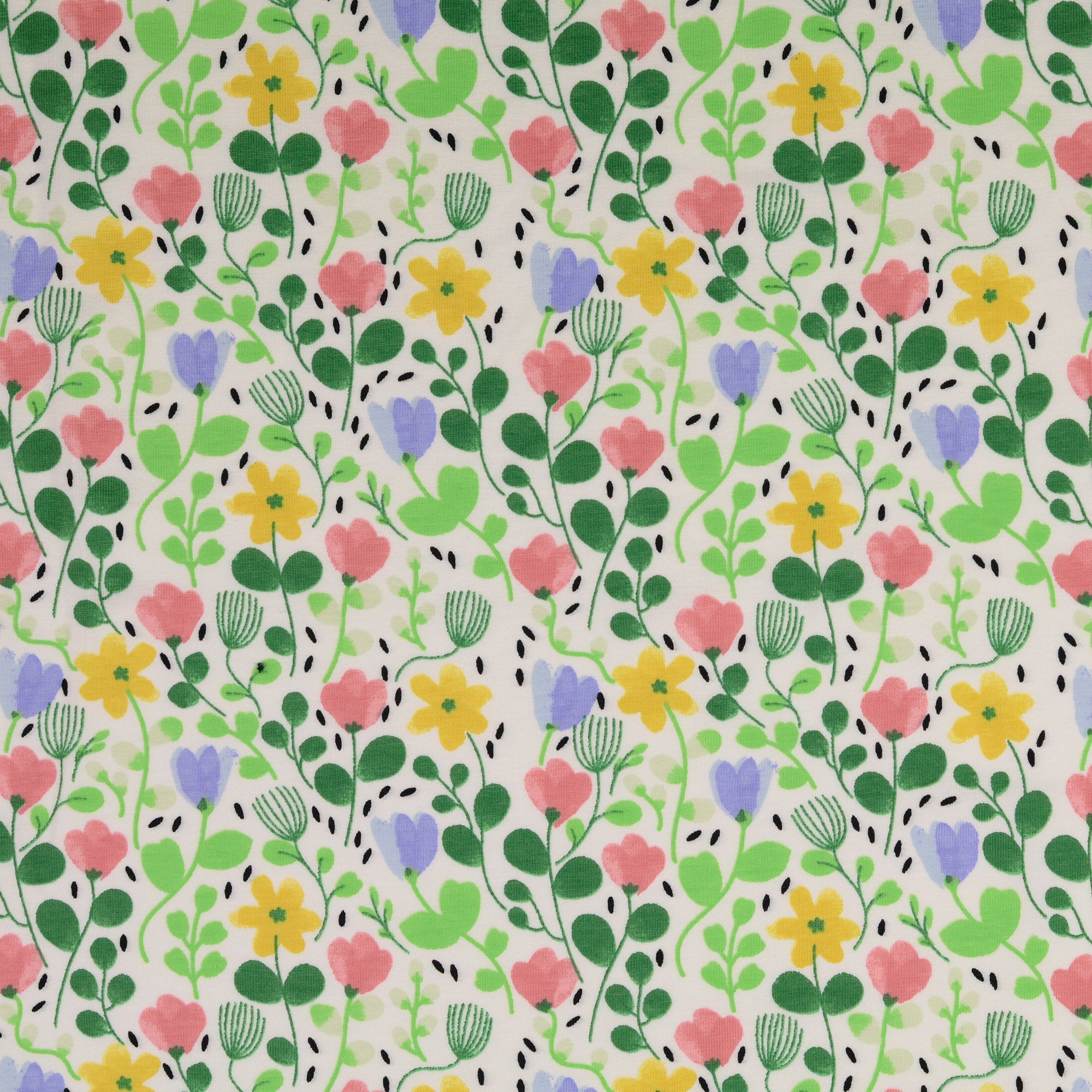 Summer Flowers White Cotton Jersey Fabric