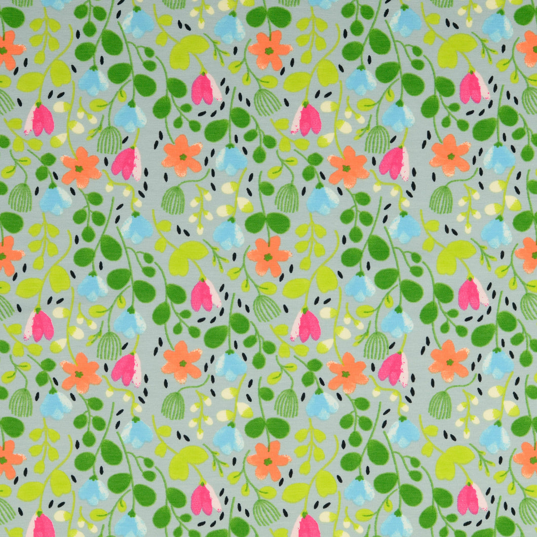 REMNANT 1.79 Metres - Summer Flowers Green Cotton Jersey Fabric