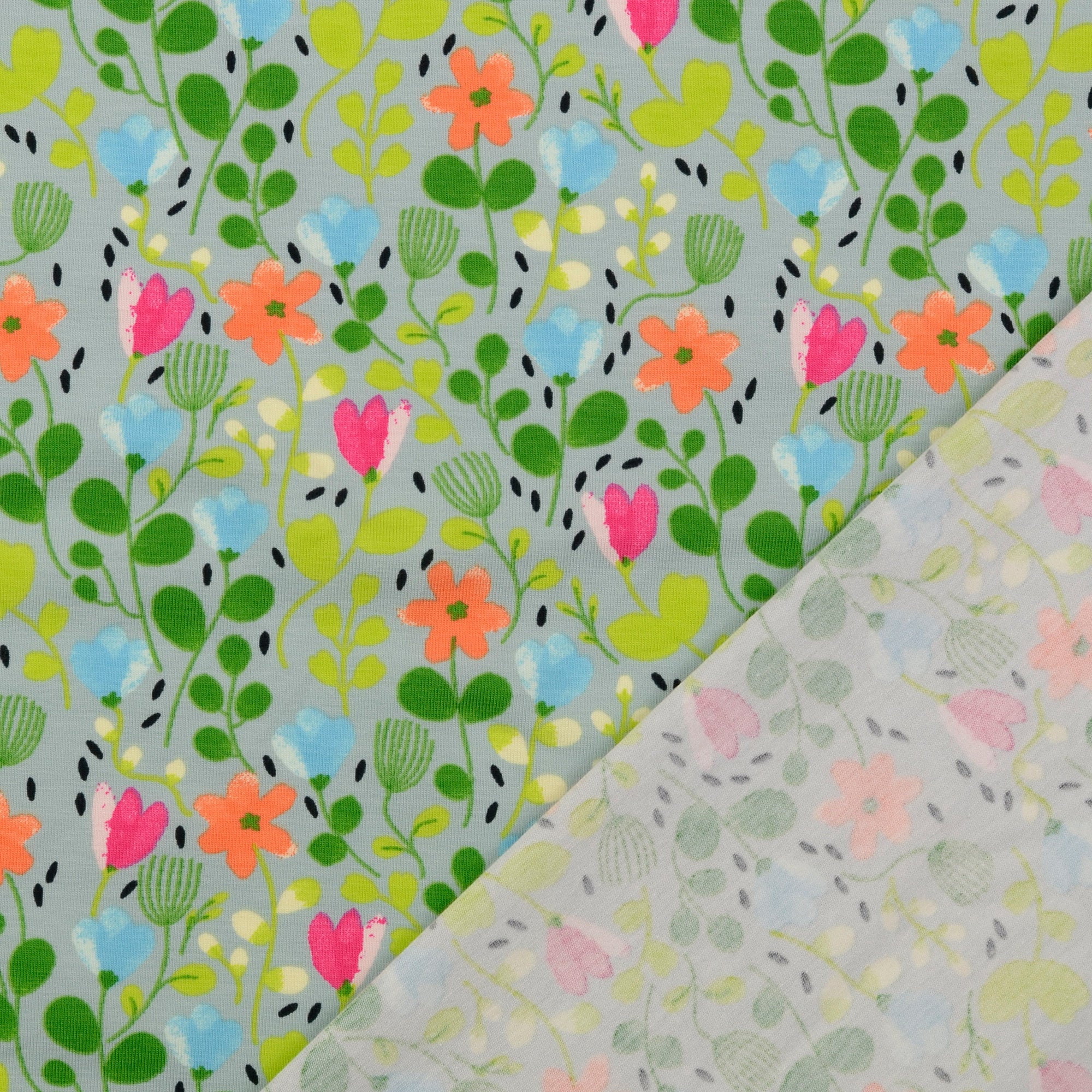 REMNANT 1.79 Metres - Summer Flowers Green Cotton Jersey Fabric
