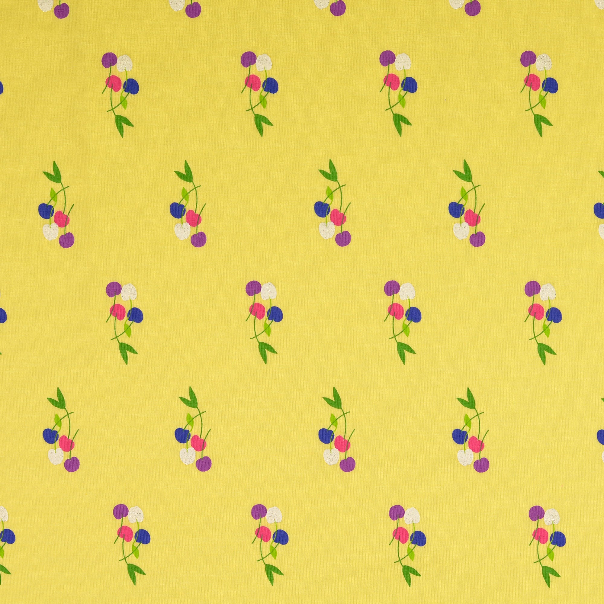 Cherries in Yellow Cotton Jersey Fabric