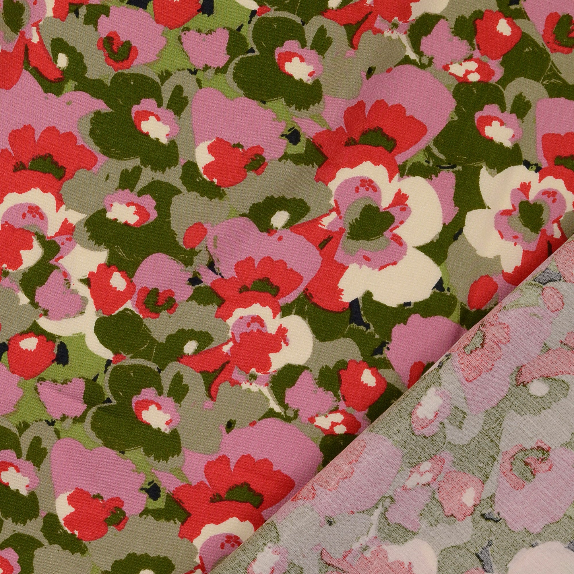 REMNANT 2.64 Metres - Abstract Petals in Pink and Green Viscose Poplin Fabric