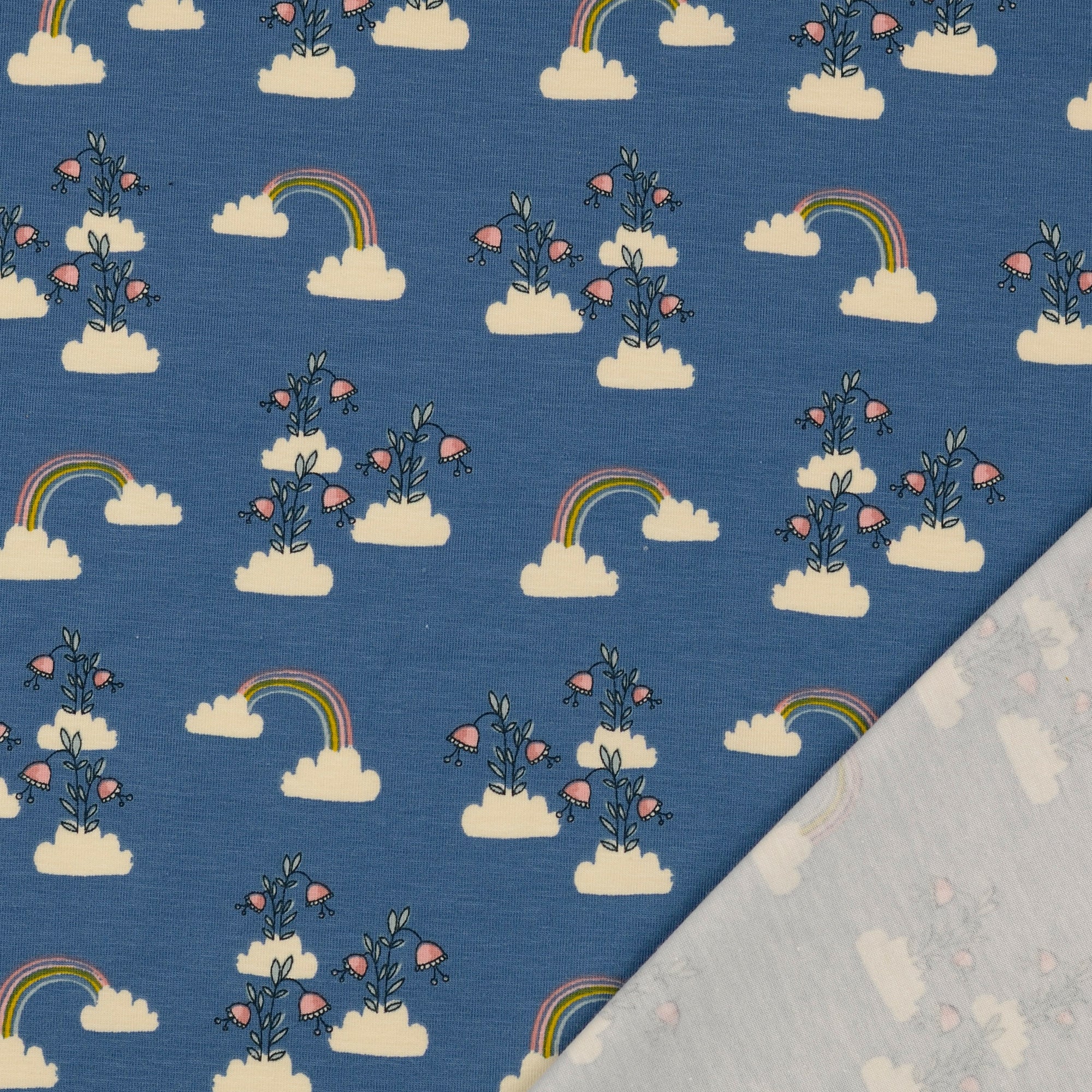 Rainbows Blue Organic Cotton Jersey Fabric