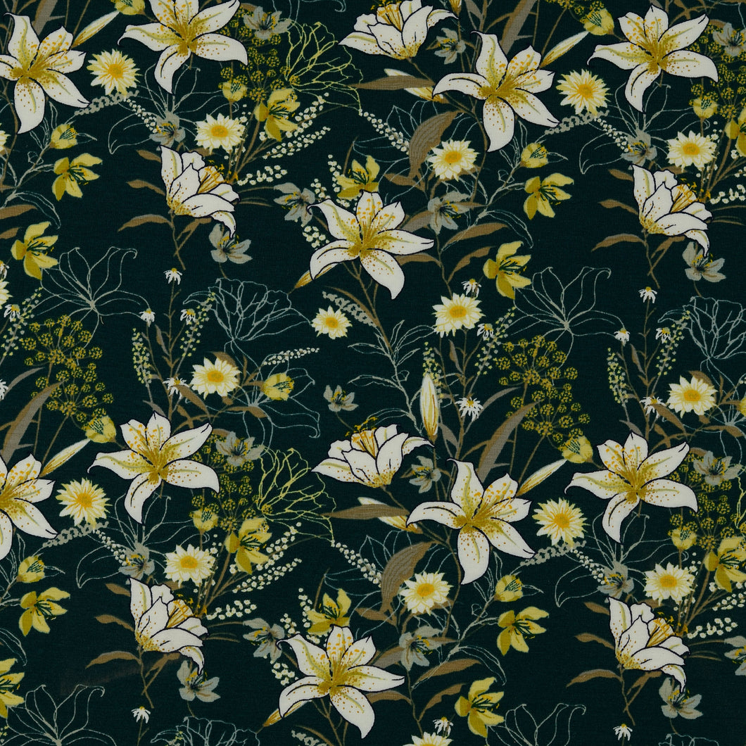 Lilies on Forest Green Cotton Jersey Fabric