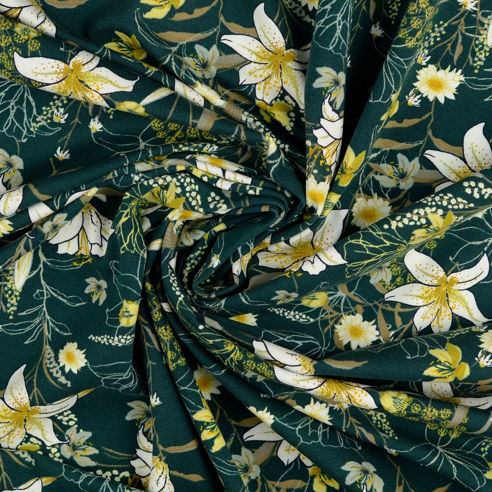 Lilies on Forest Green Cotton Jersey Fabric