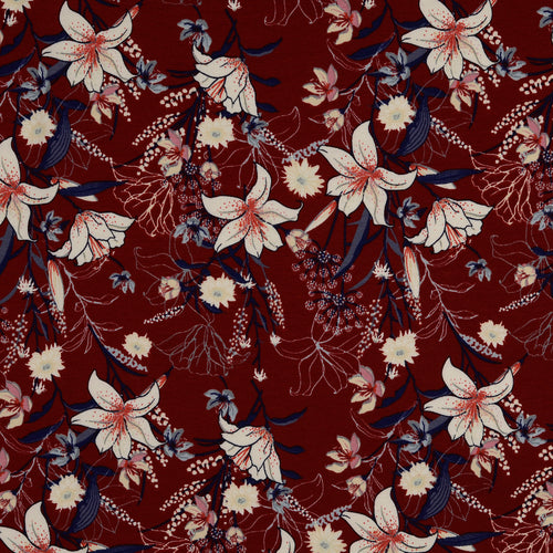Lilies on Budgundy Cotton Jersey Fabric