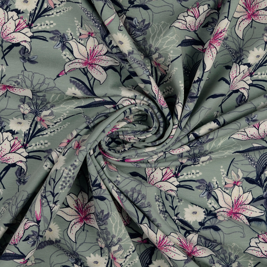 Lilies on Sage Green Cotton Jersey Fabric