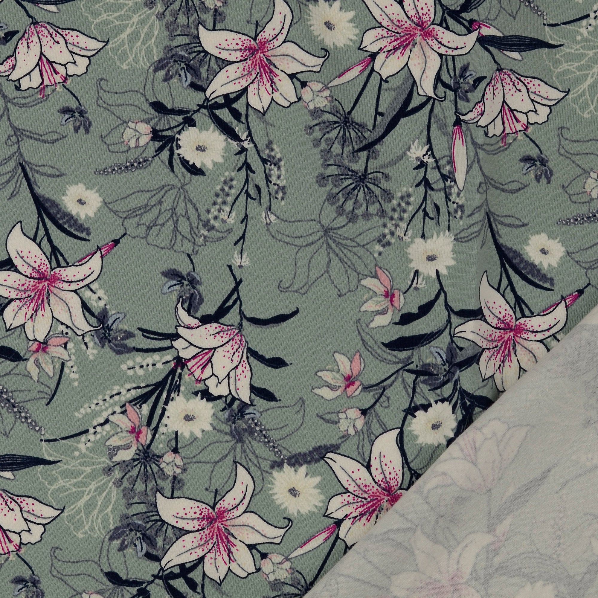 Lilies on Sage Green Cotton Jersey Fabric