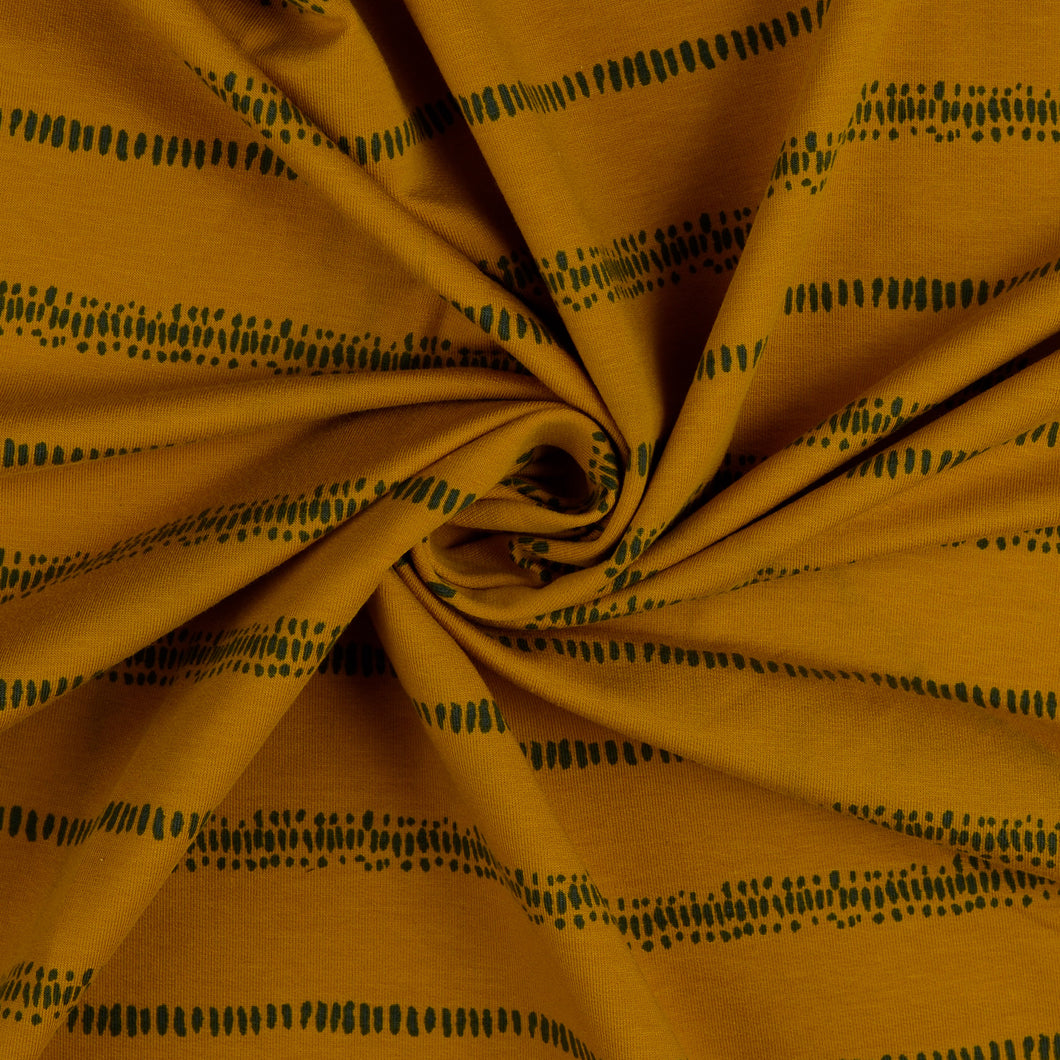 Broken Lines on Mustard Yellow Cotton French Terry Fabric