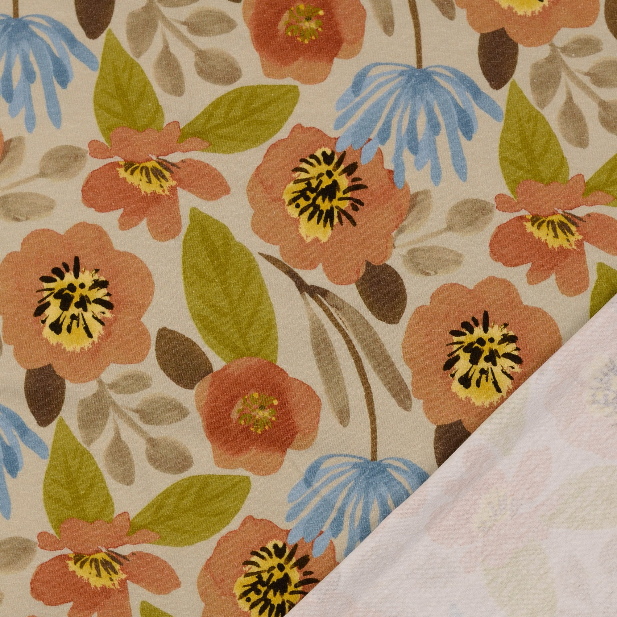 Painted Poppy Beige Cotton Jersey Fabric