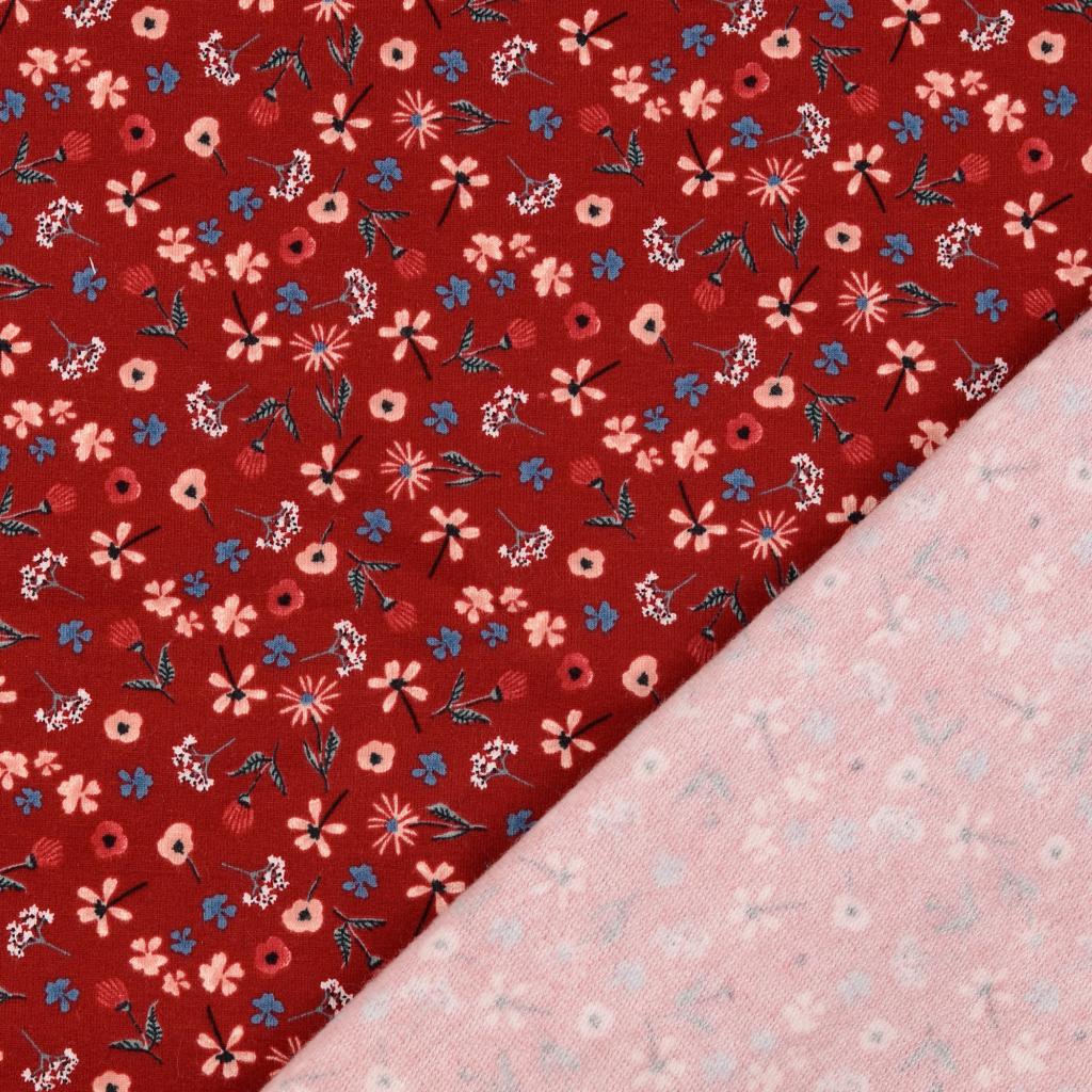 REMNANT 1.22 Metres with stitch then 50cm - Ditsy Peach Soft Cotton Sweat-shirting Fabric in Red