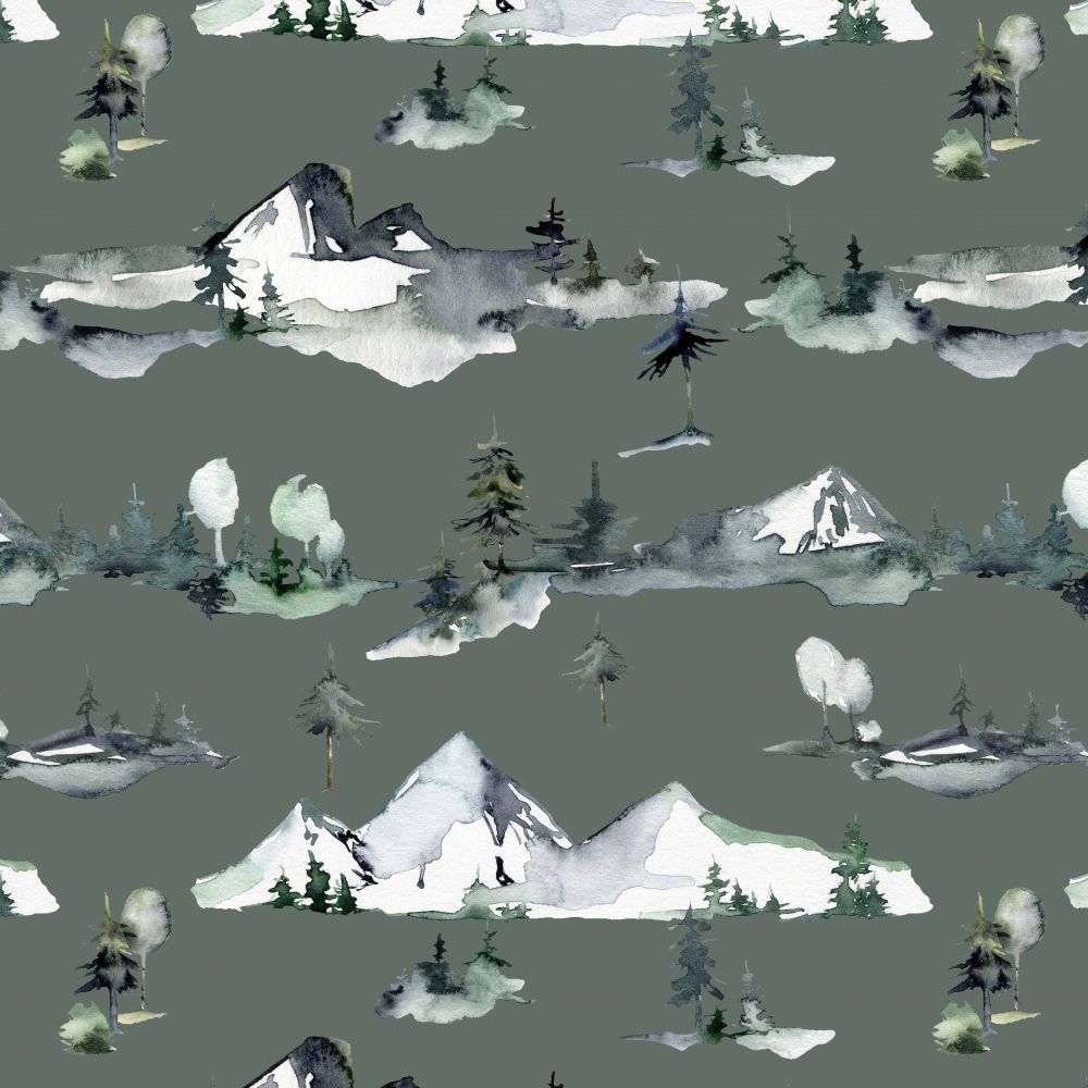 REMNANT 1.14 Metres - Mountains Old Green Cotton French Terry Fabric
